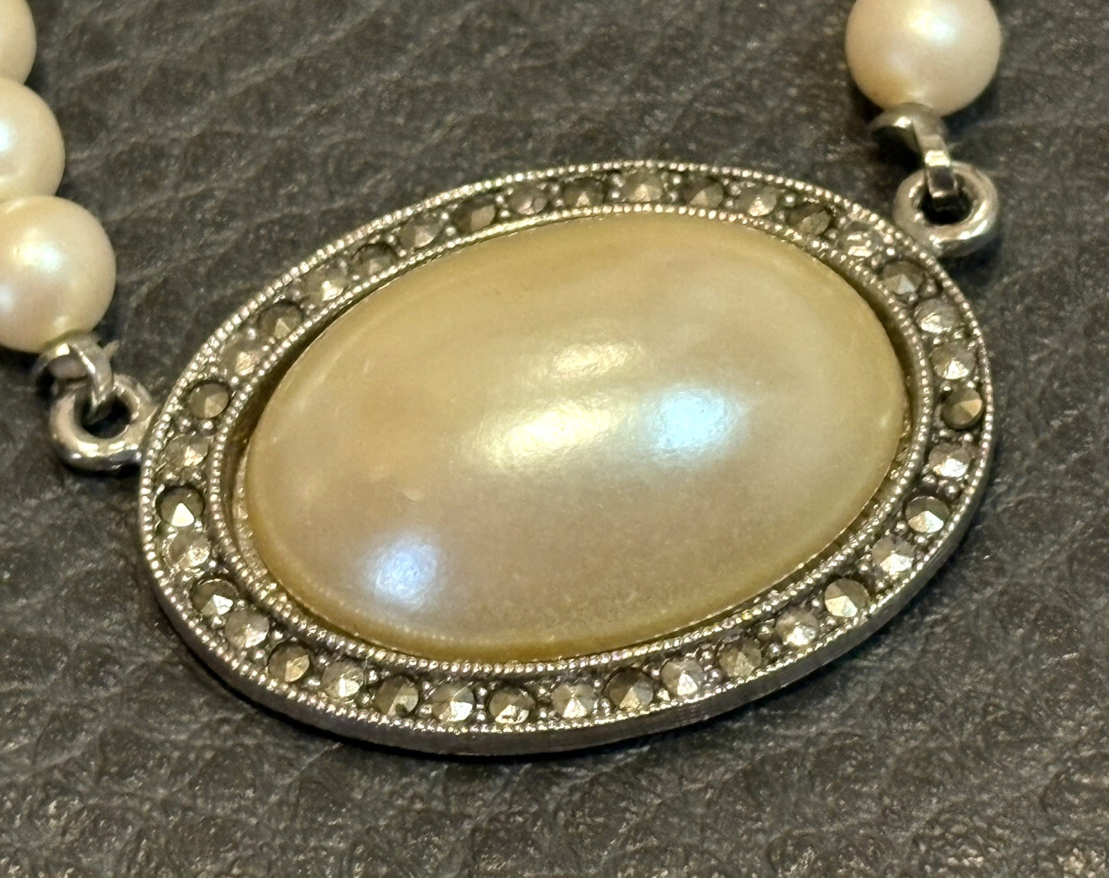 1928 Victorian Revival Faux Pearl Cabochon Beaded Necklace Hook Clasp 16.5”-19”
