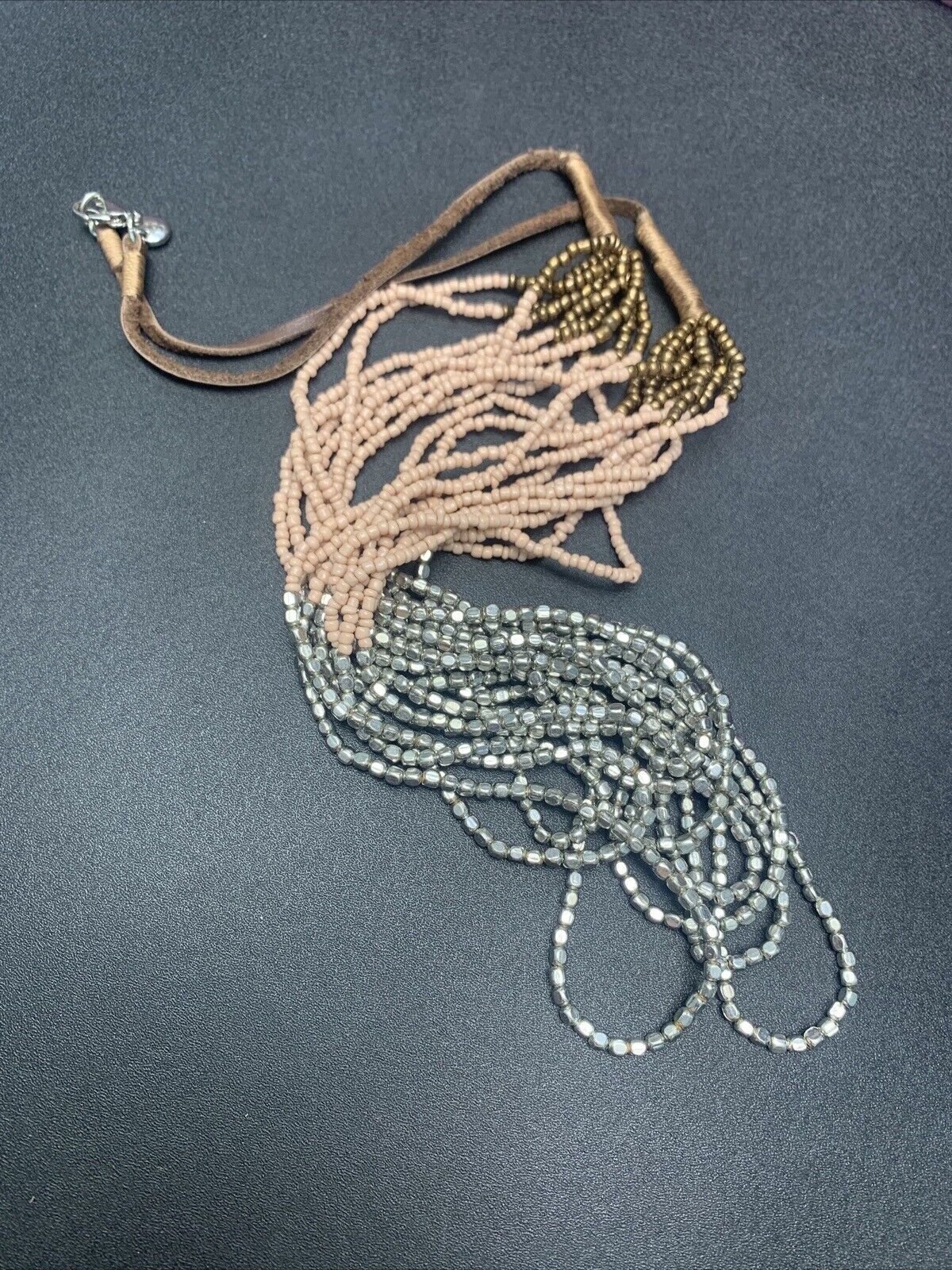 Statement Boho Pendant Waterfall Necklace Beaded Silver Peach Brown 32”