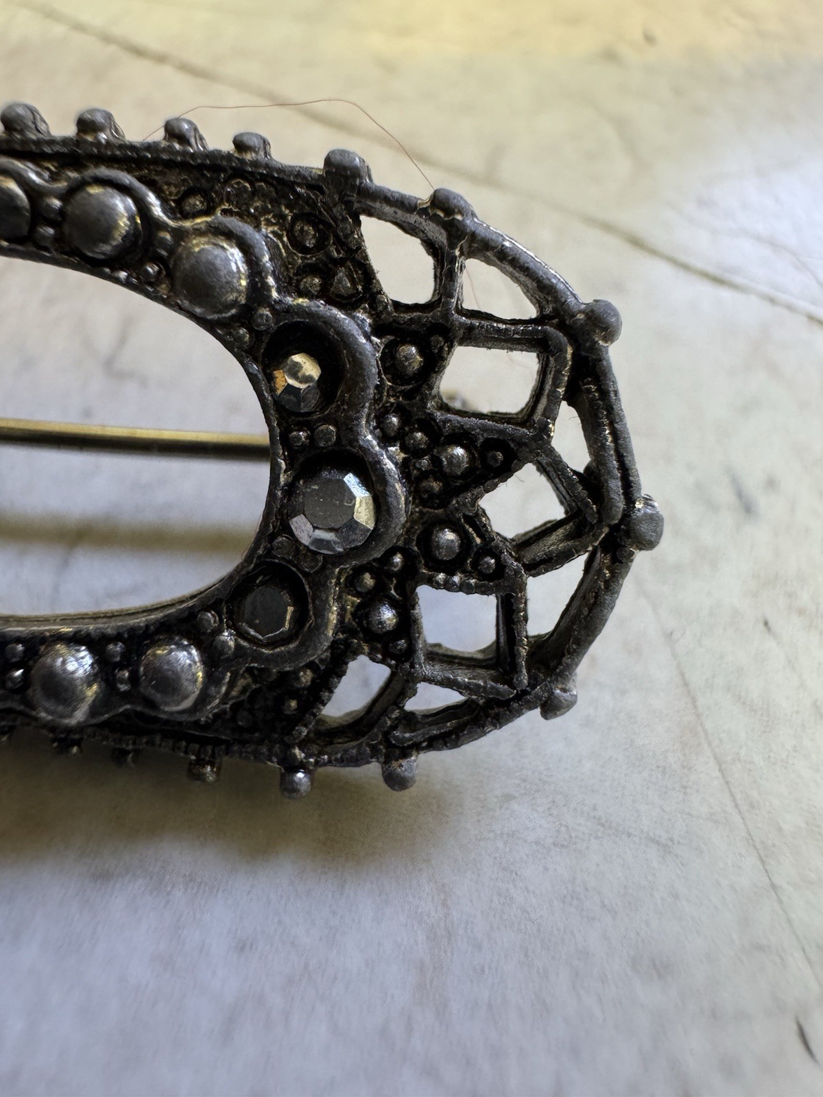 Vintage Filigree Brooch Earring Set Black Stone Bow Look Silver Tone