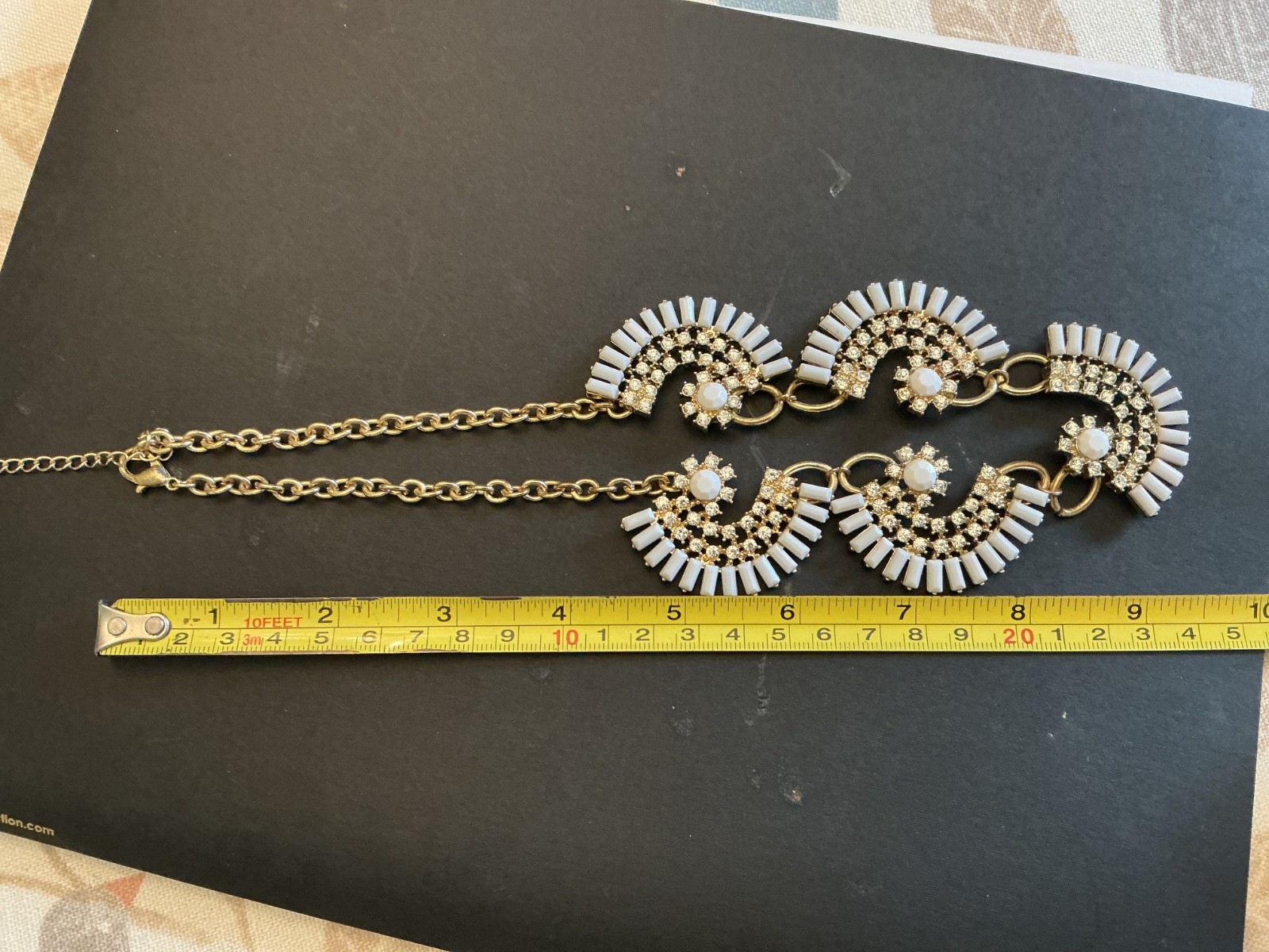 J. CREW IVORY COLOR FAN FLOWER NECKLACE WITH CRYSTALS AND GOLD TONE CHAIN 18”