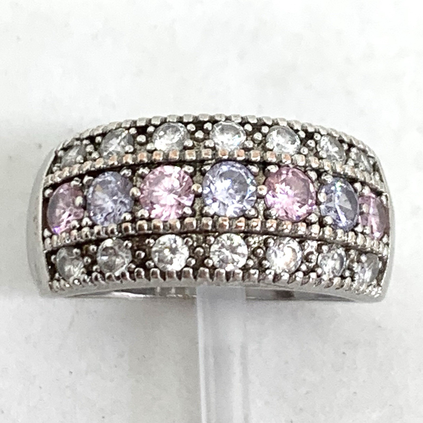 925 Sterling Silver Pink Light Purple White Topaz Three Row Band Ring Sz 6.25