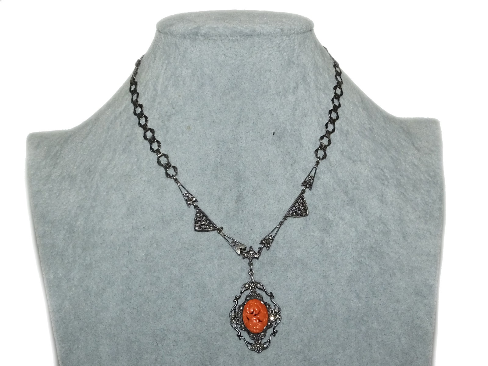 Antique Edwardian Art Deco Floral Carved Faux Coral Marcasite Sterling Necklace