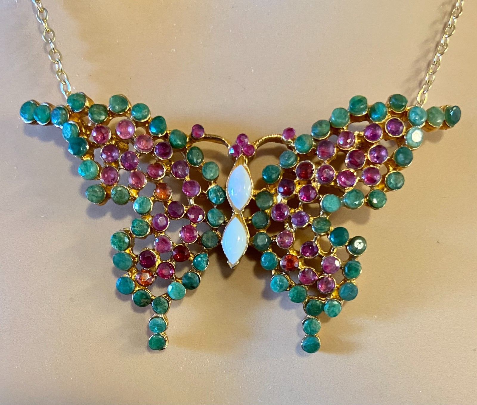 AUTHENTIC SWOBODA BUTTERFLY PENDANT ~ GENUINE EMERALD, RUBY, OPAL ~ WOW!