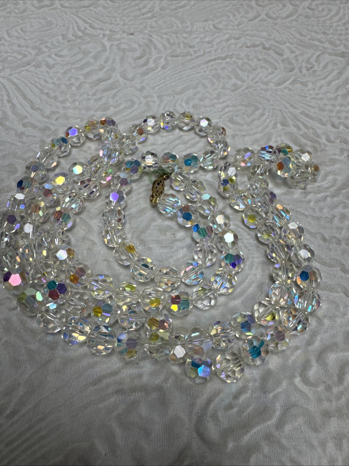 Vintage 1950-60s Czech Faceted Bicone Crystal Aurora Borealis Beaded 36”Necklace