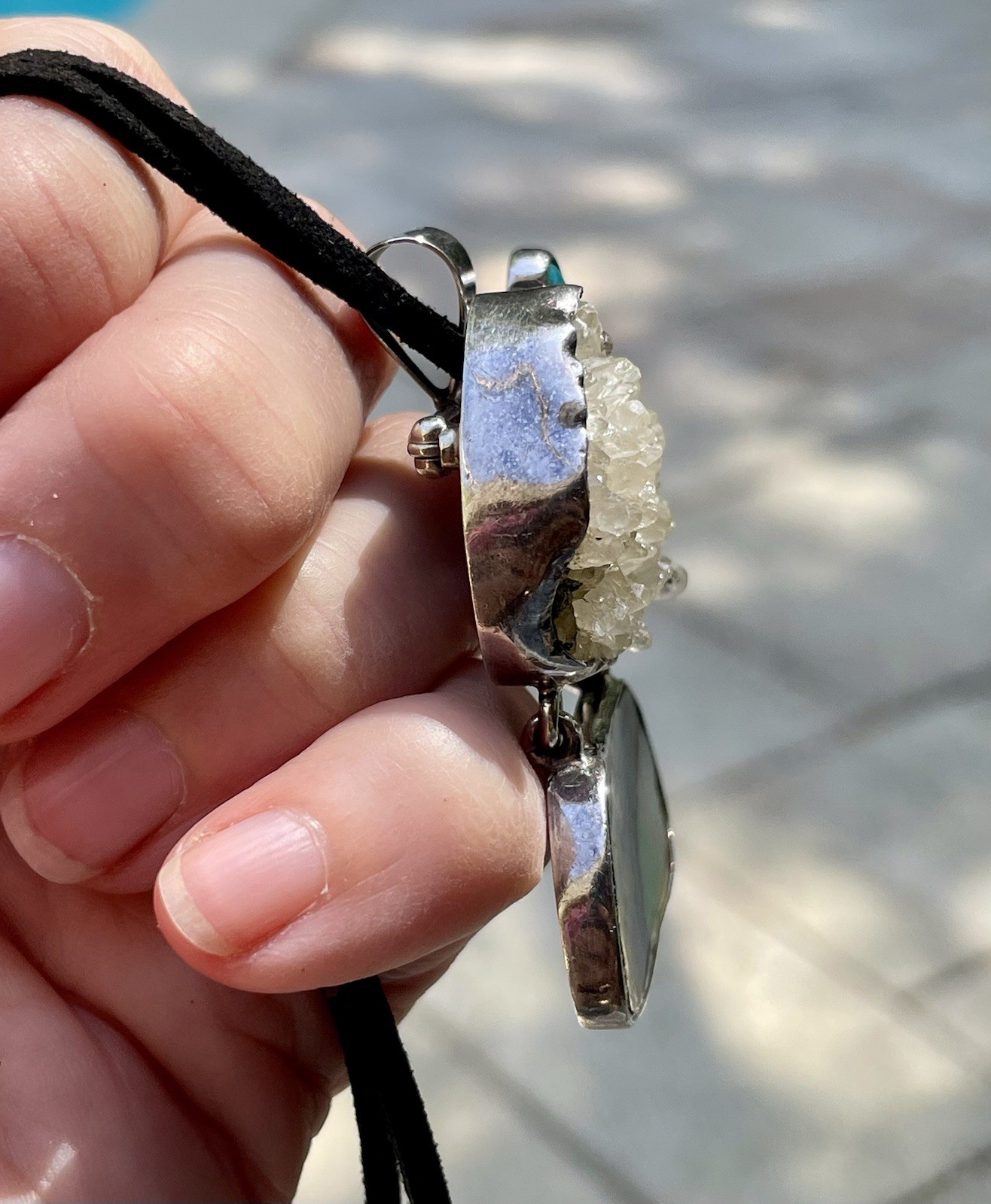 🎥Rock Crystal Rainbow Abalone Turquoise 2″ Pendant Brooch Mex Sterling Silver