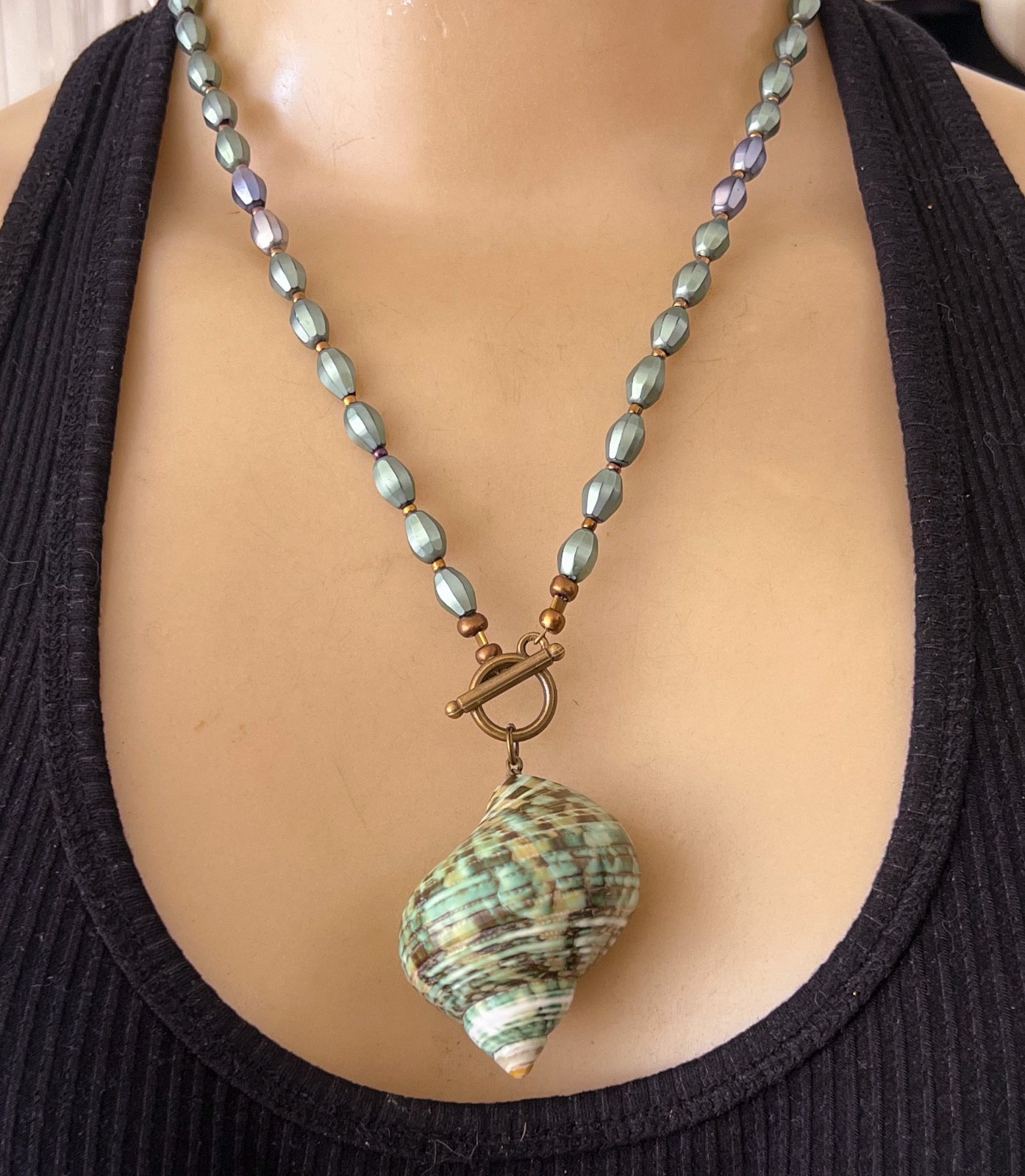 Artisan Necklace Sea Green Turbo Shell Seashell Pendant Pearly Green Beads