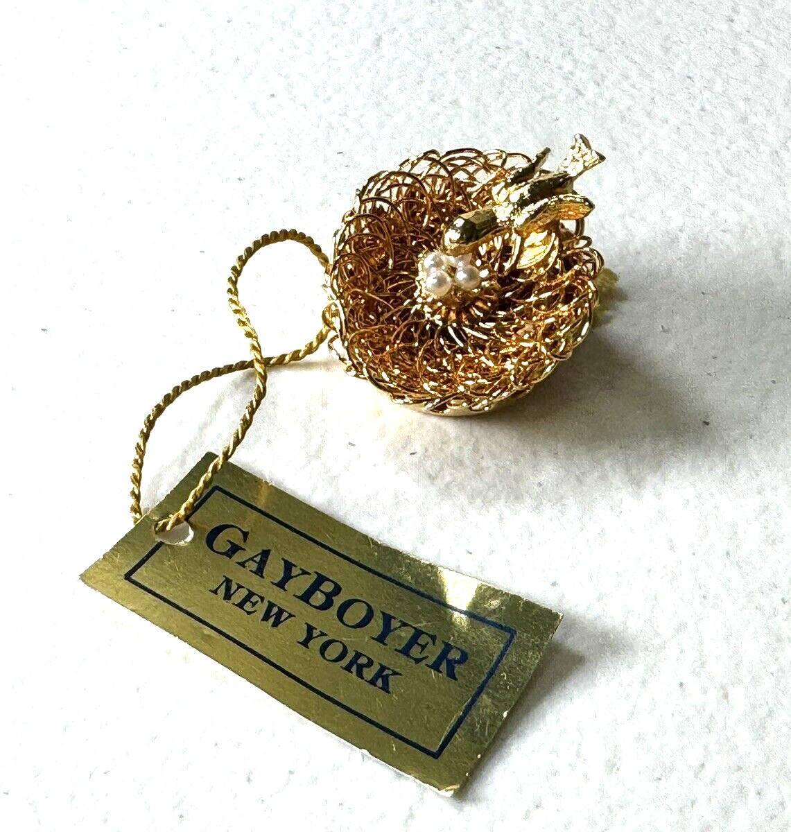 Vintage Gay Boyer New York Wired Gold Tone Faux Pearl Eggs Bird’s Nest Brooch