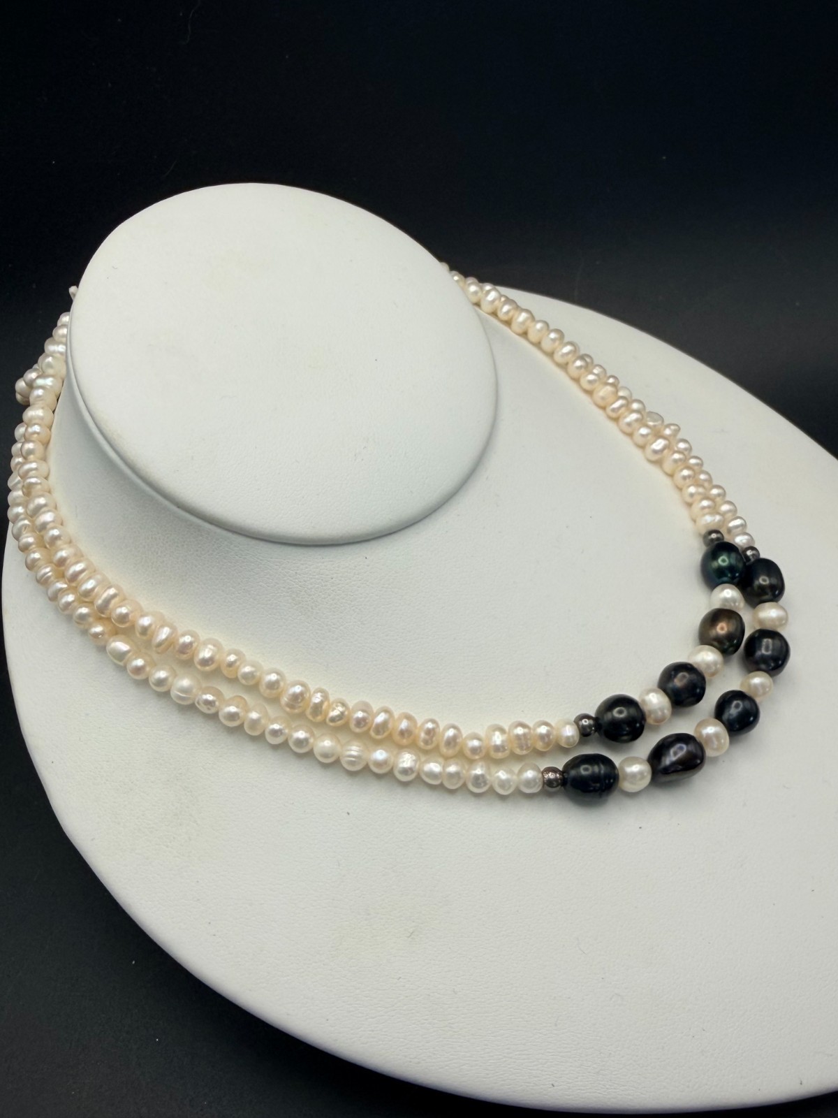 Vintage 925 FAS Real Pearl Necklace • Double‑Strand White & Dark Pearls