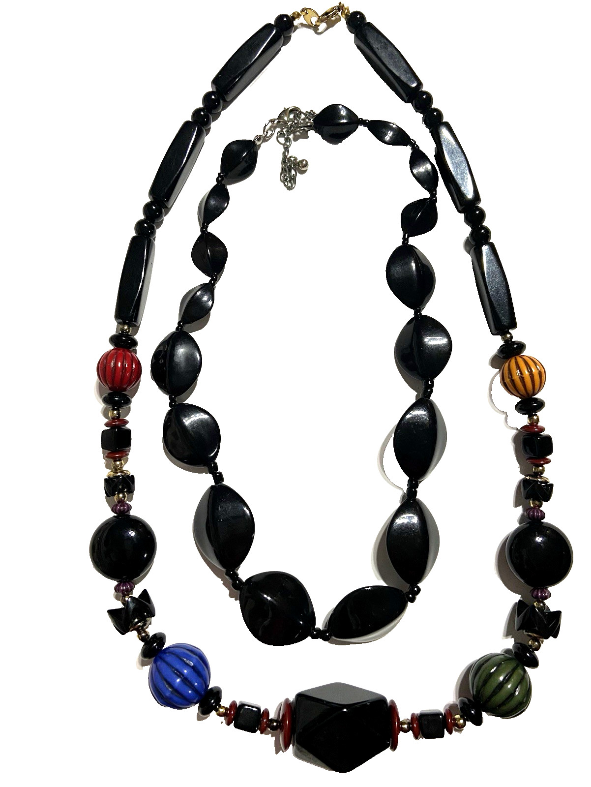 2 VTG 60s Bold Chunky Black Bead Necklaces: Multicolor Mod Lucite 26″ Solid 19″