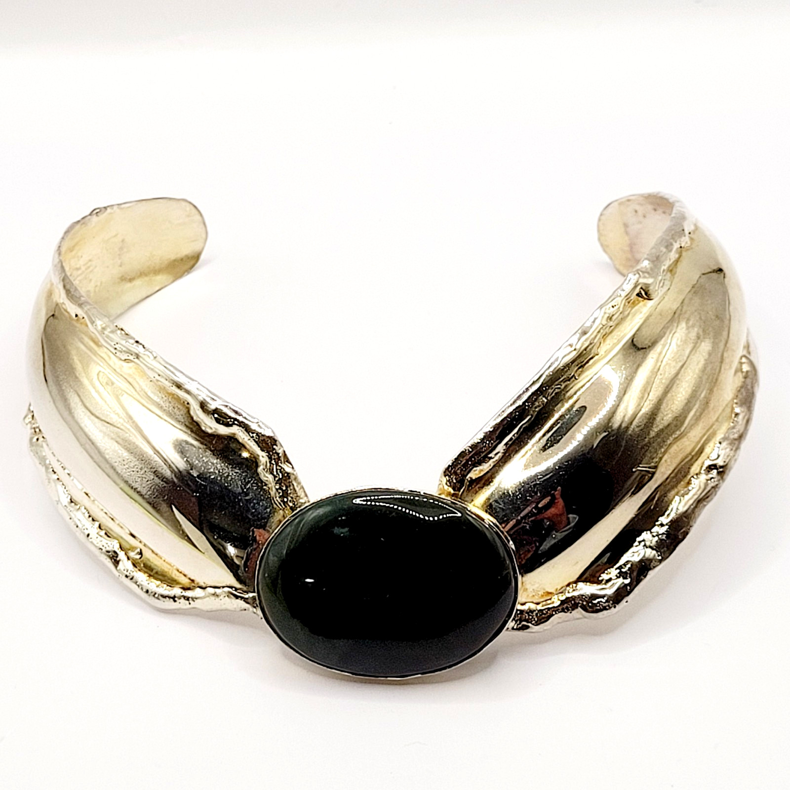 SW Style Collar Handmade Silver Tone Metal Green Agate Stone ROUGH Vtg Necklace