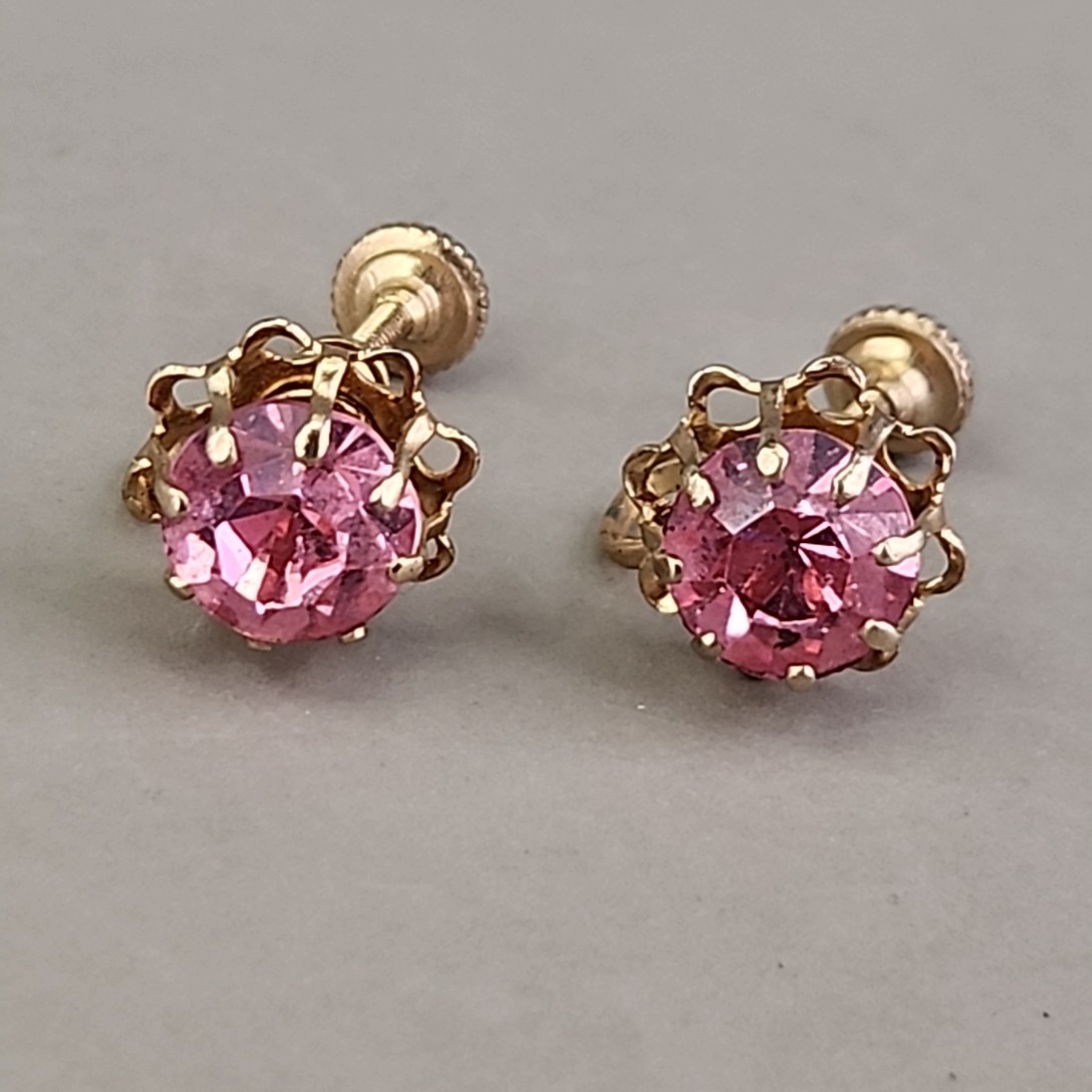 Vintage Rhinestone Screwback Earrings Pink Round Gold Tone 1cm