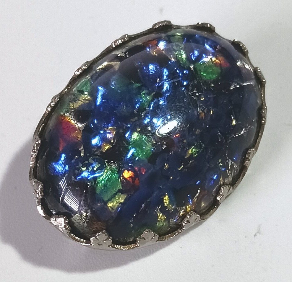 Vtg (Antique?) Silver-tone Brooch w/ Dark Blue & Multicolor Foiled Art Glass