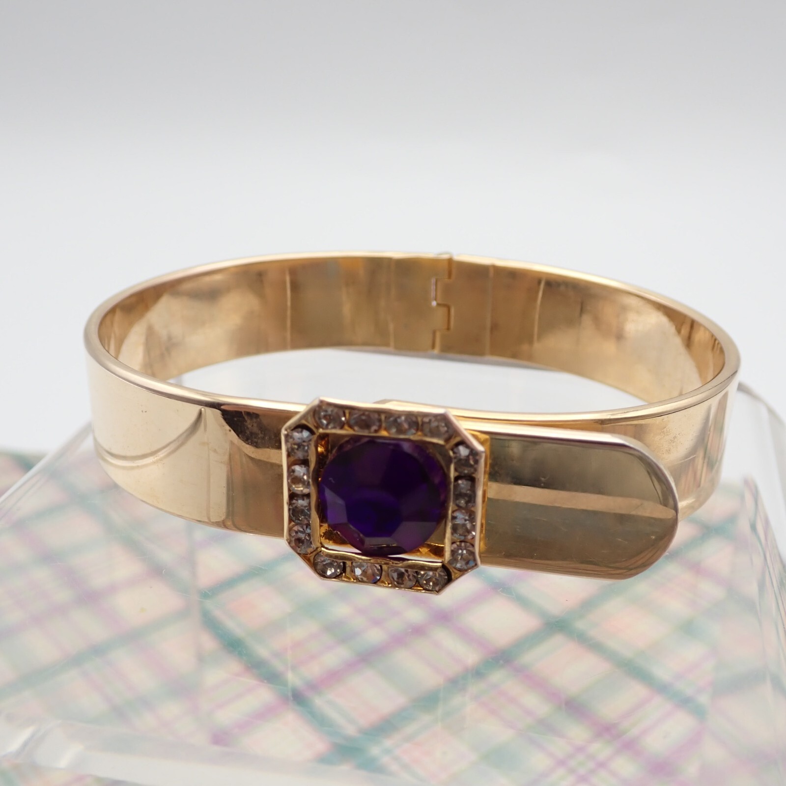 Vtg Front Tension Purple Resin Crystal Rhinestone Halo 6 1/2″ Bangle Bracelet