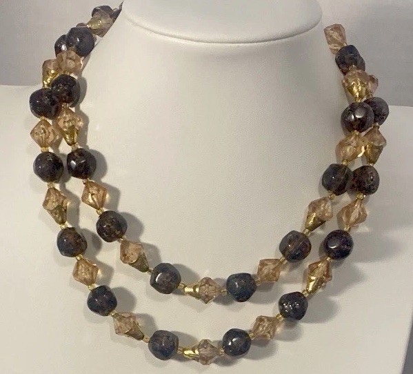 Vintage Double Strand Necklace Faceted Acrylic Beads With A B Coating 14-16”