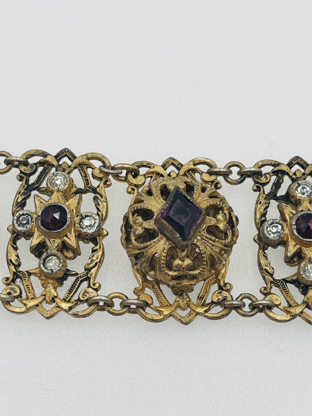 Antique Czech Purple Glass Brass Ornate Bracelet