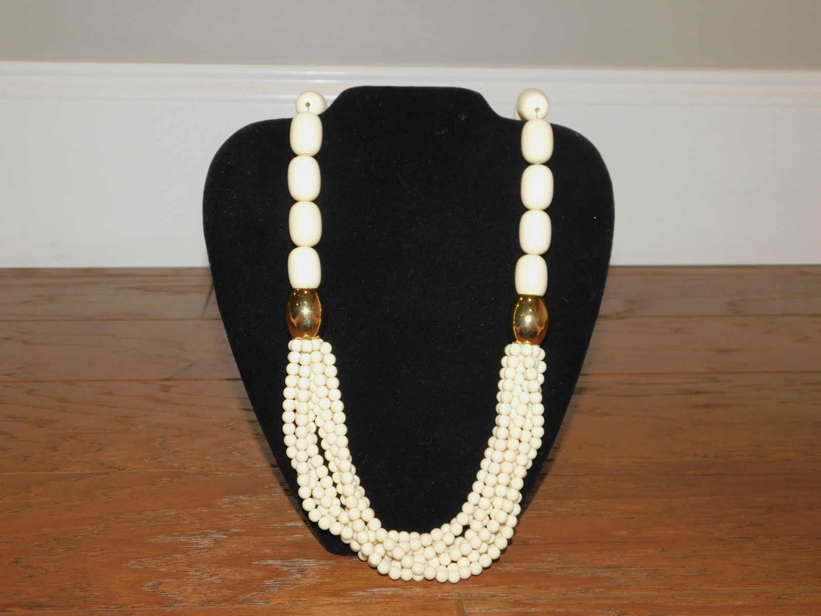 RARE! Napier Ivory/Gold Statement Necklace 30″ Oblong Beads Graduated MCM