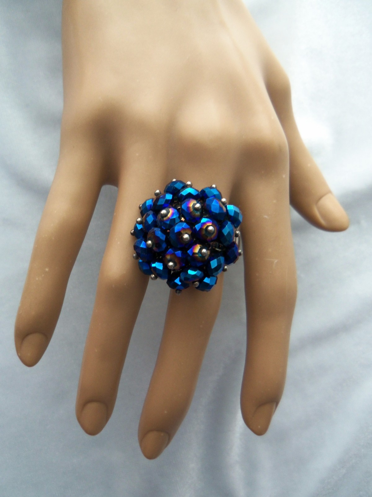 Iridescent Blue Crystal Bead Cluster Silvertone Stretch Band Ring