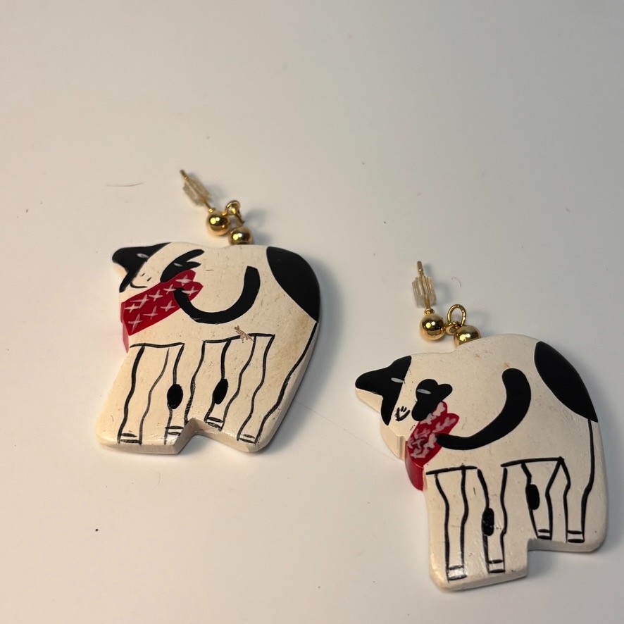 Vintage Necklace Earrings Hand Painted Cow Chunky Huge