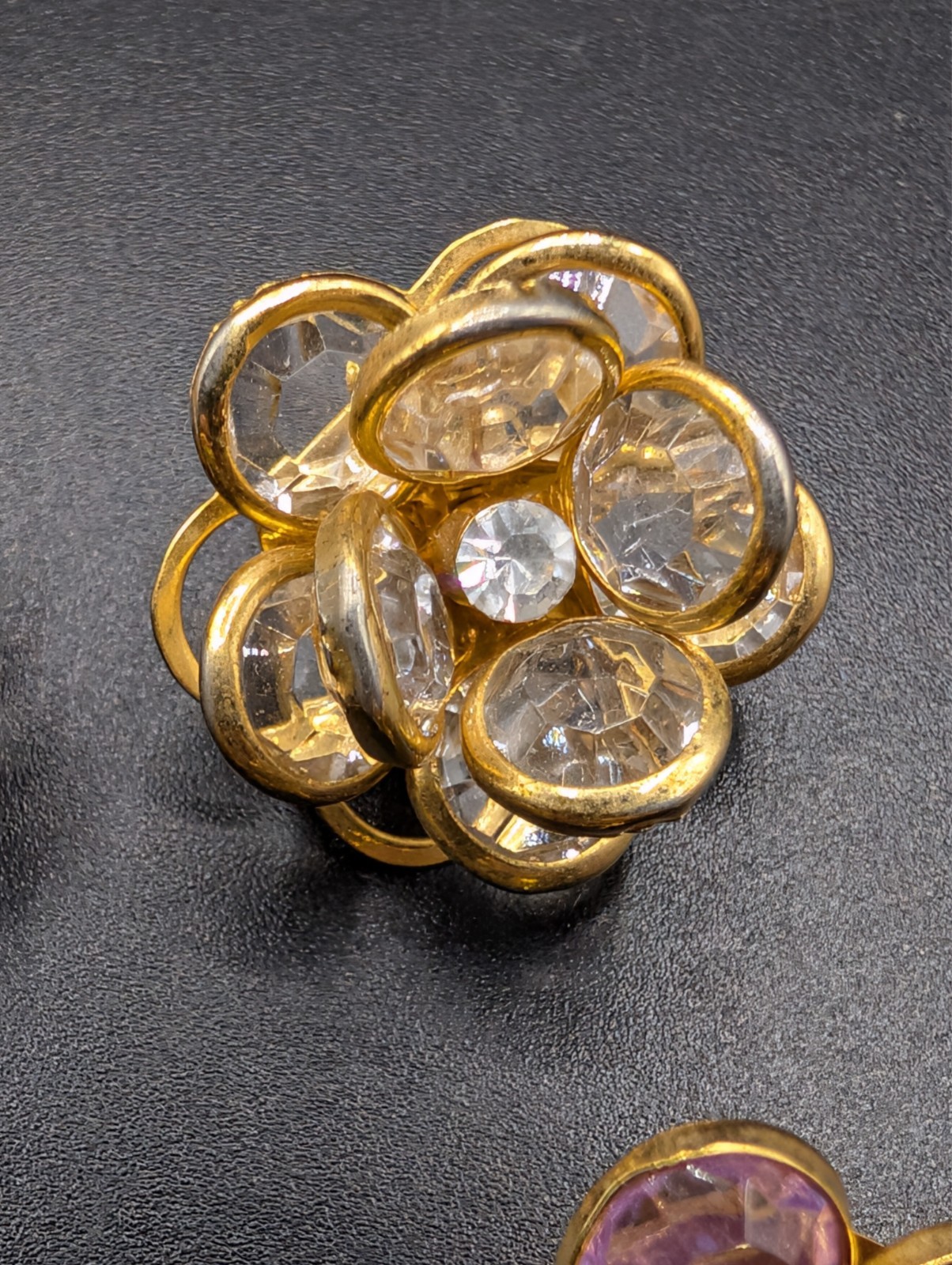 2 Pairs of Vintage Crystal Floral Cluster Gold Tone Earrings