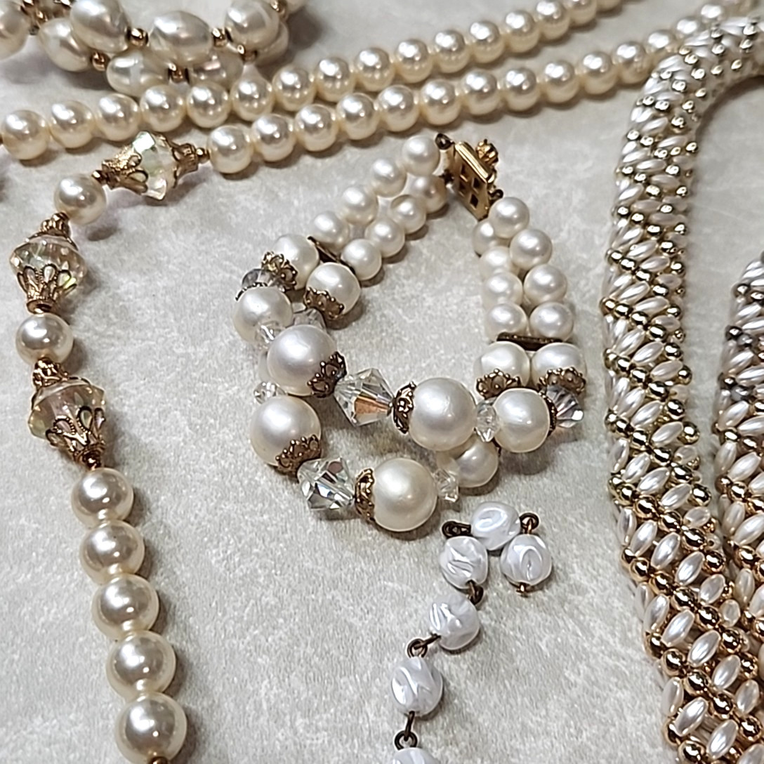 Vintage Faux Pearl Beaded Necklace Lot Bracelets Multicolor Glass Acrylic Layers