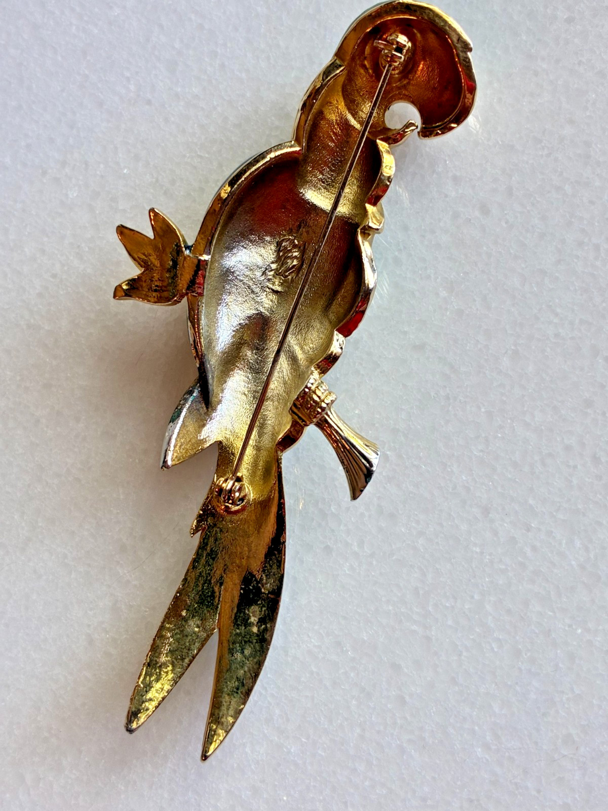 Large Vintage Enamel Parrot Brooch Rhinestone Tropical Bird Pin Green Blue 4″