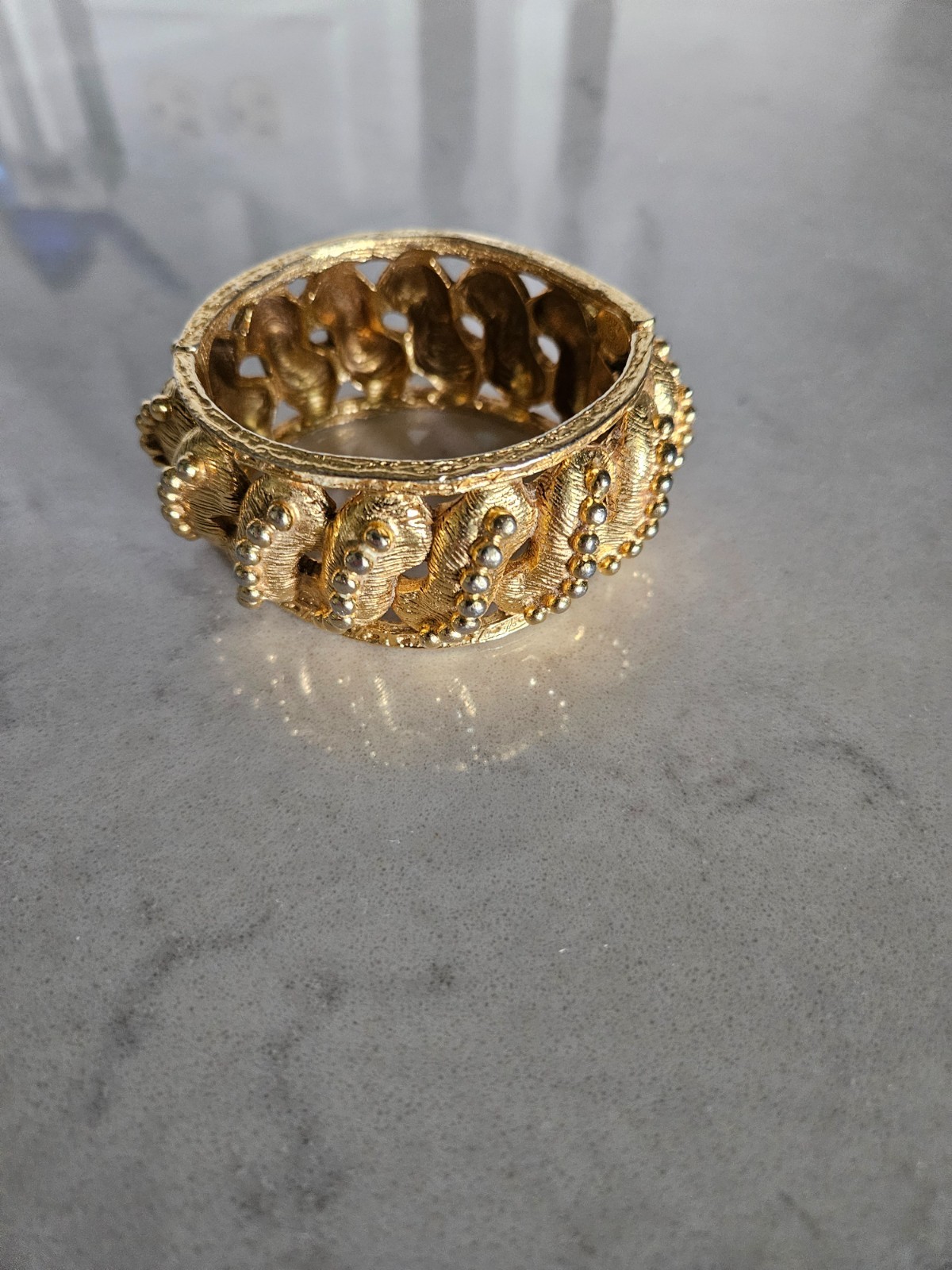 RARE AND VINTAGE KENNETH LANE GOLD BEADED SWIRLS HINGED CUFF BRACELET