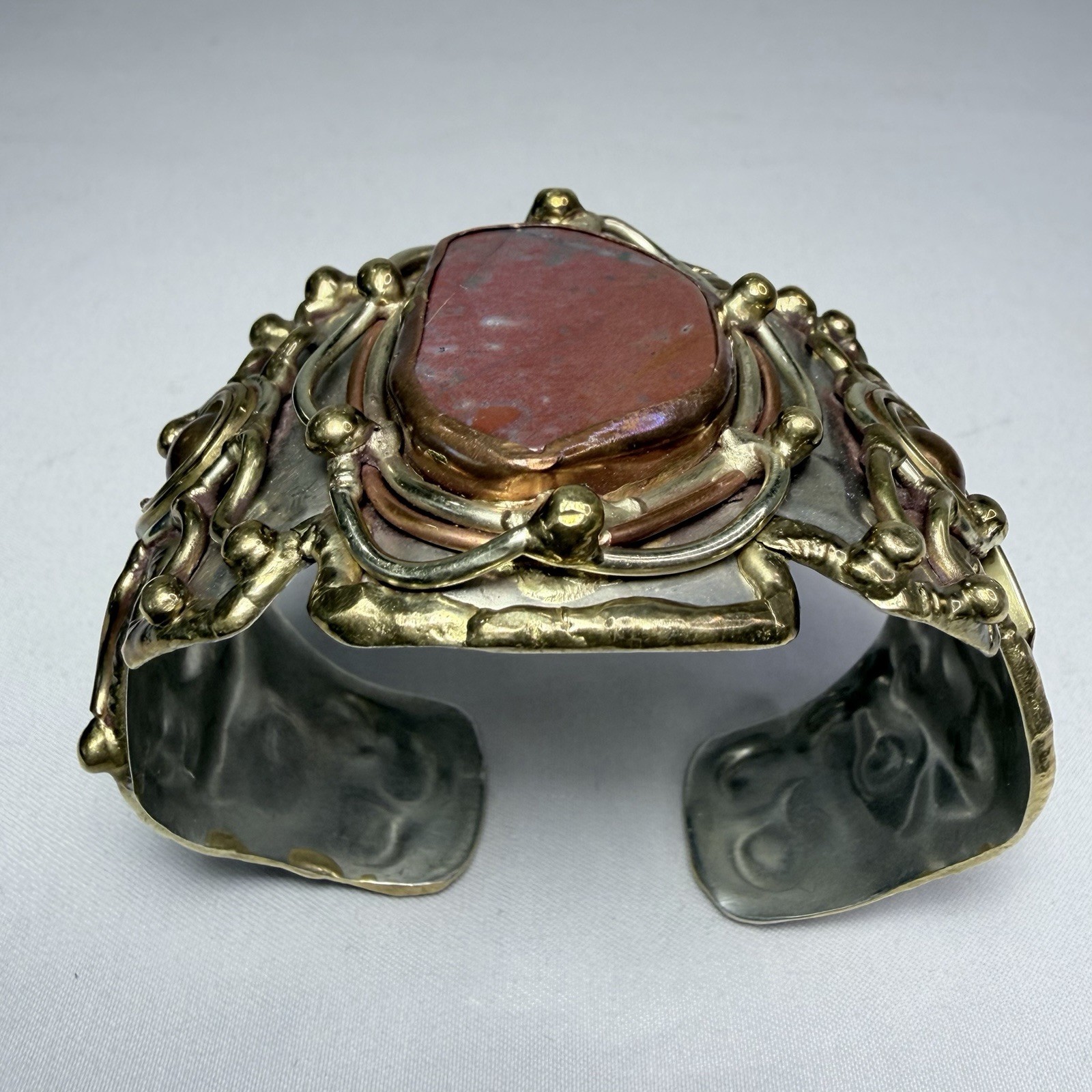 Beautiful Brutalist Mixed Metal Cuff Bracelet Brass & Copper Large Natural Stone