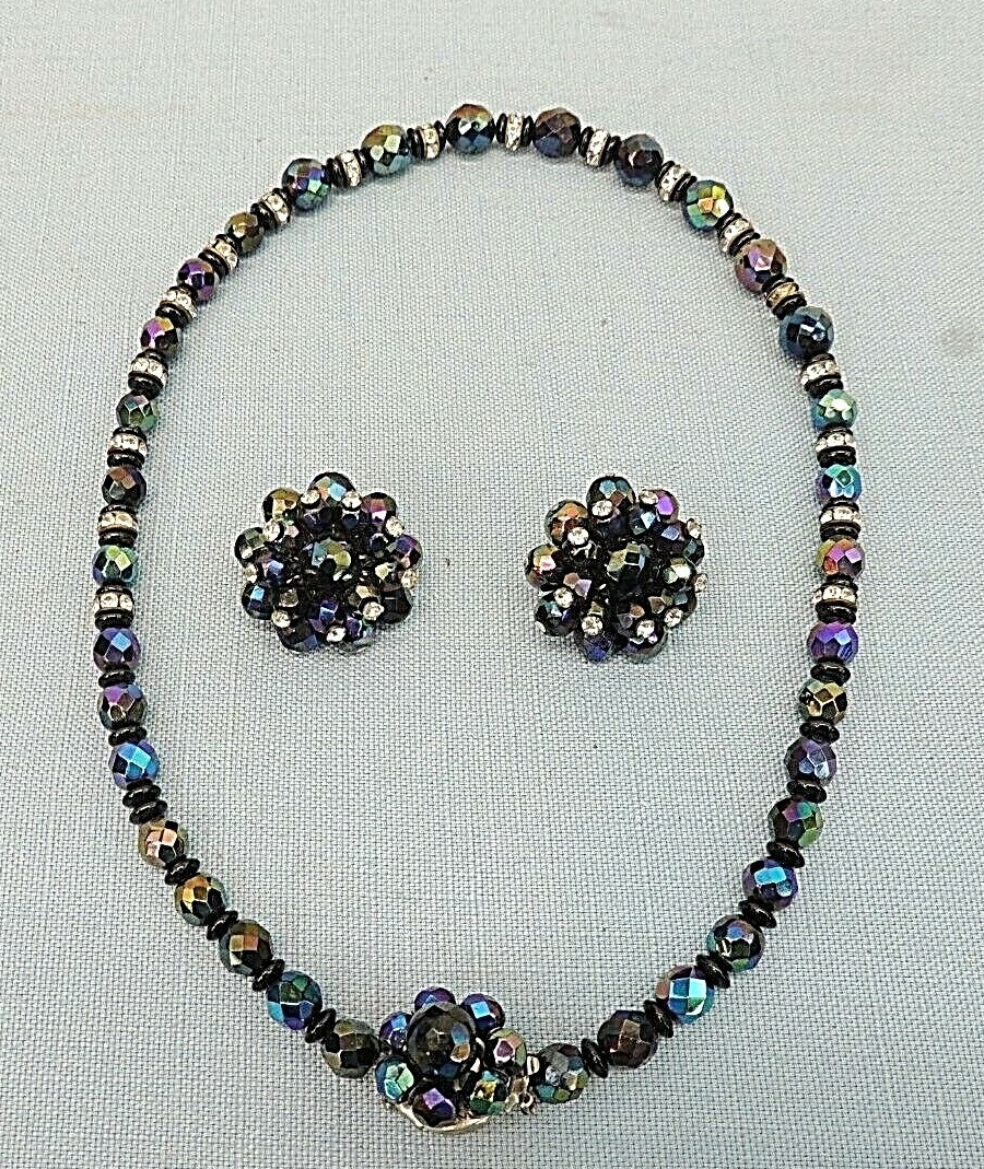 VINTAGE NECKLACE AND CLIP-BACK EARRINGS, BLUE AND PURPLE BEADS