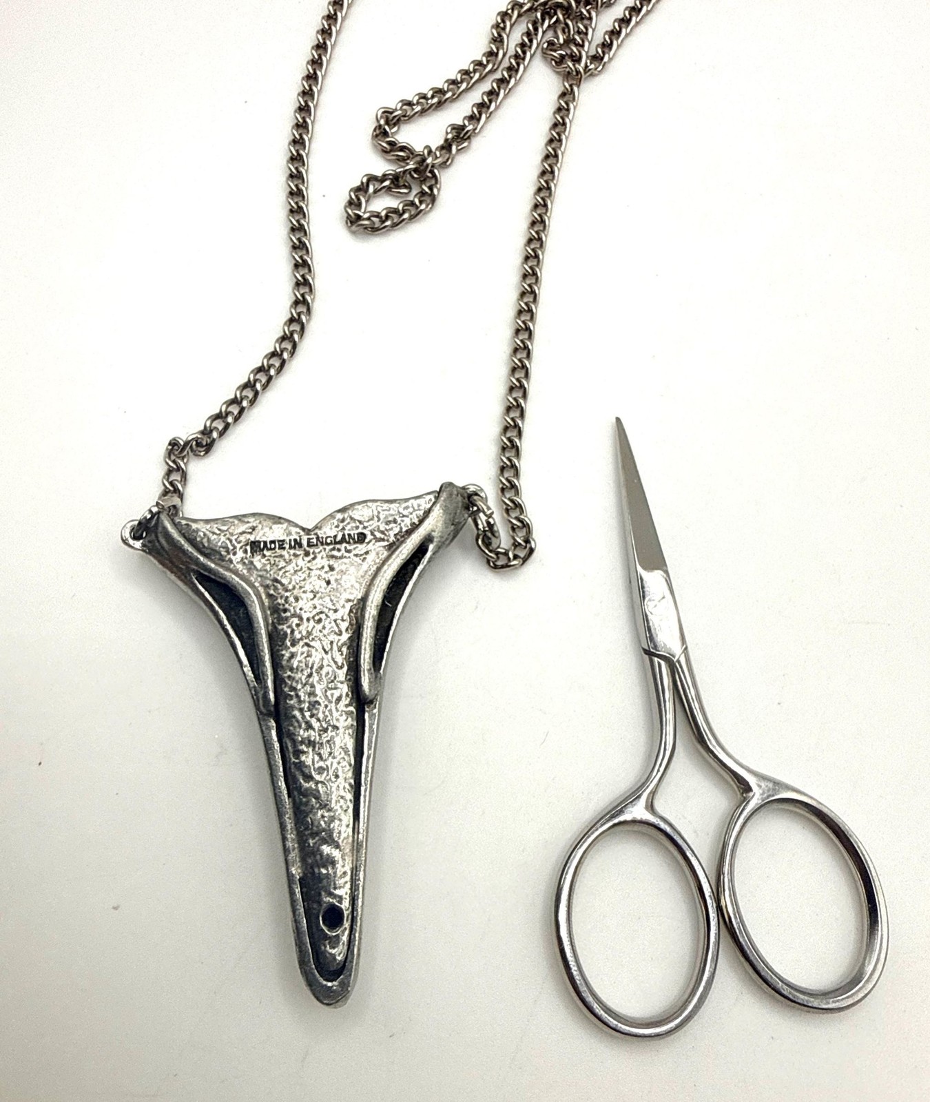 Vintage pewter floral made in England embroidery sewing scissor holder necklace