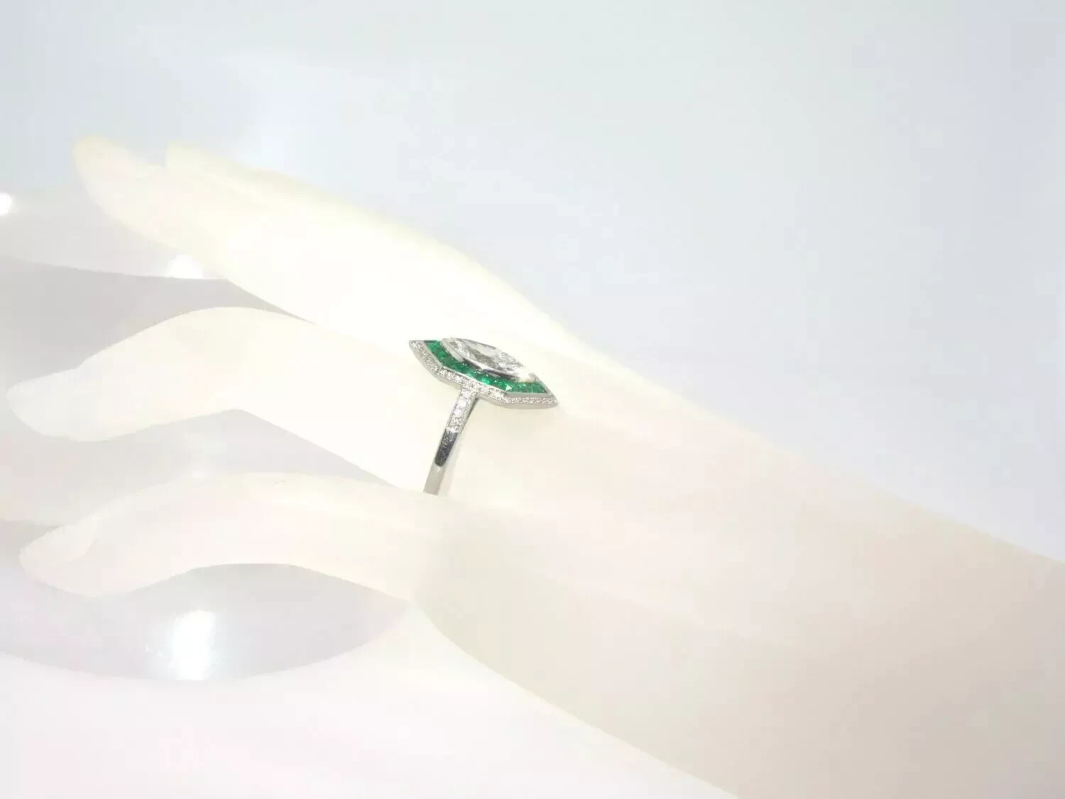 Art Deco Vintage Style Marquise Lab Created Diamond Emerald Wedding Silver Ring
