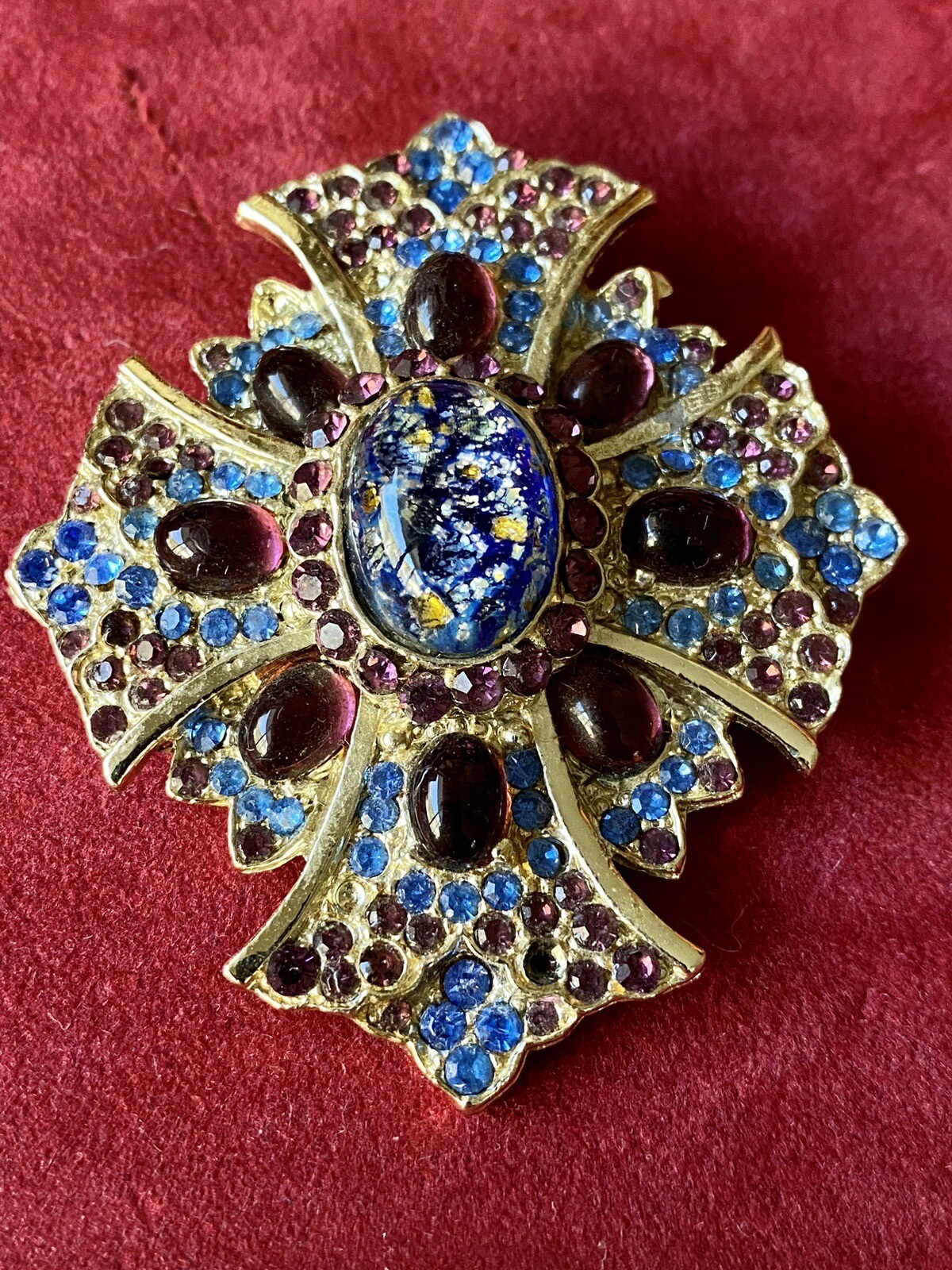 Maltese Cross Etruscan Style Brooch/Pendant!purple and blue! Glass Cabochonshuge