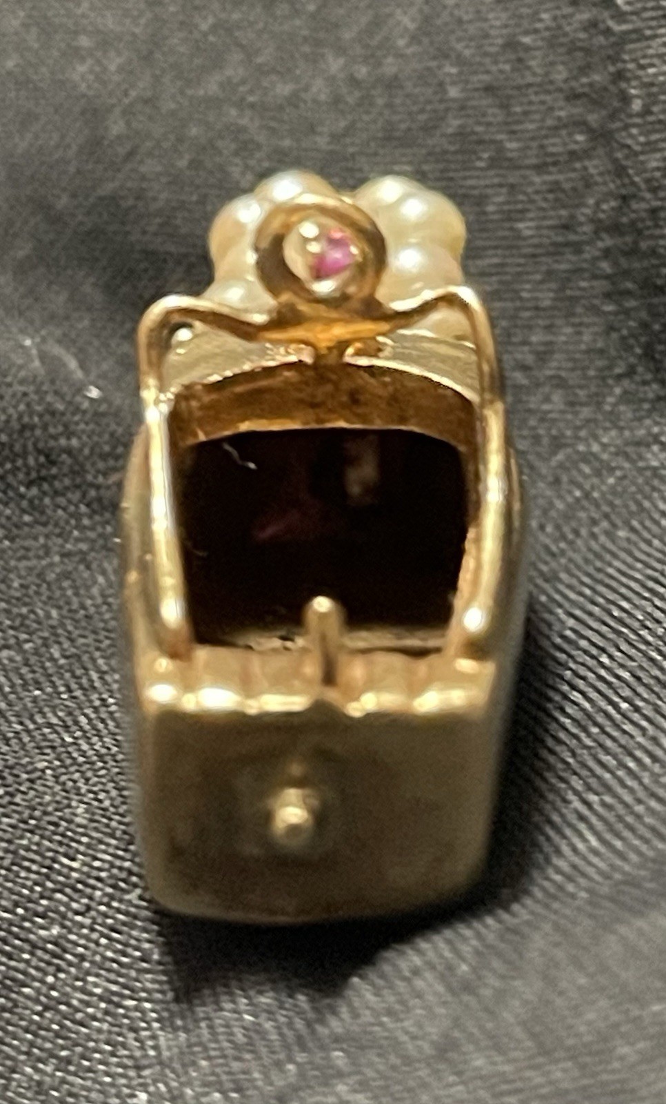 1955 Antique 14k Solid Yellow Gold Boat Charm Pendant Ruby Sapphire Pearls RARE