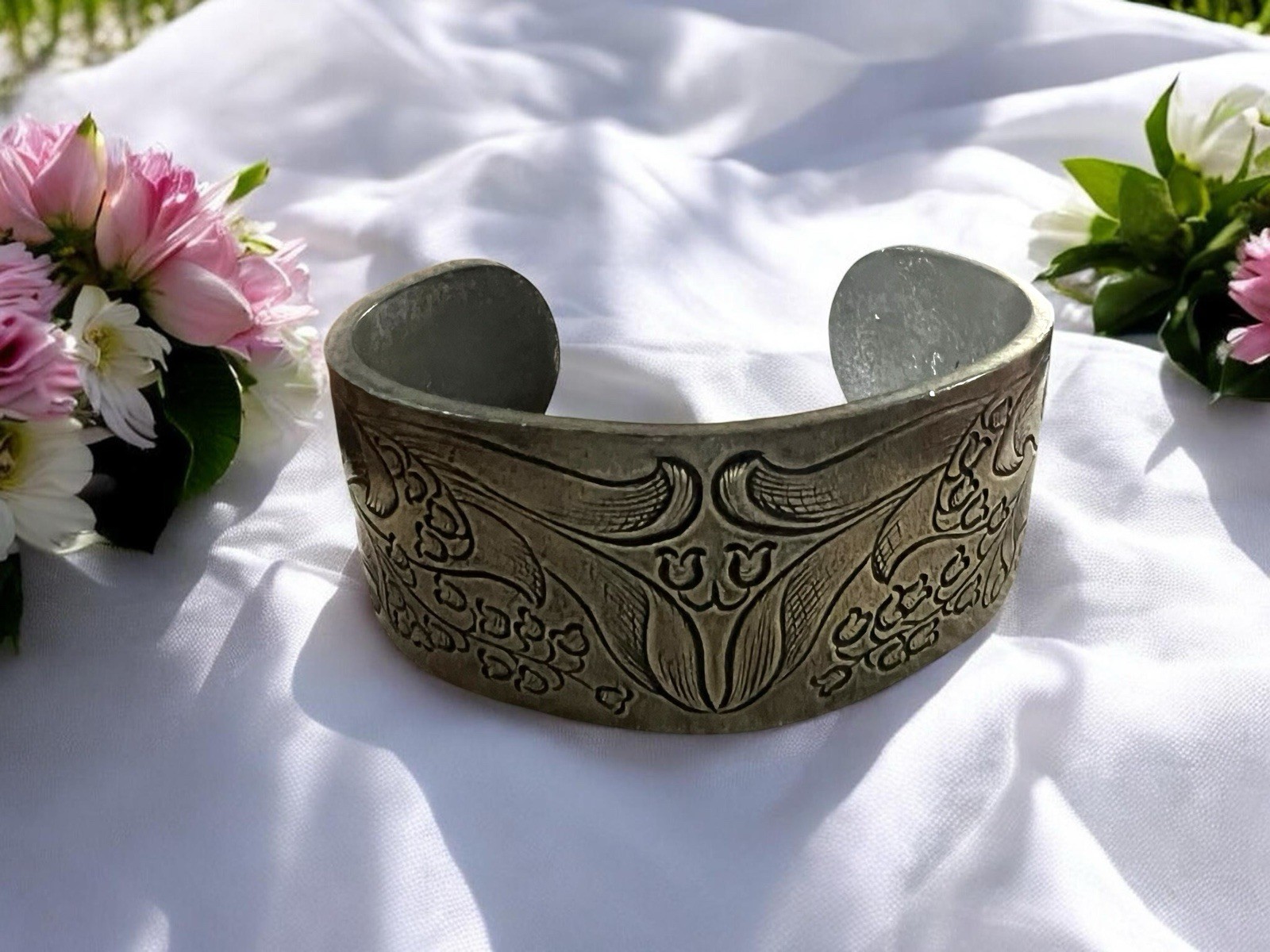 Salisbury Pewter Flower of the Month May Lilly Of Valley 2” Wide Cuff Bracelet