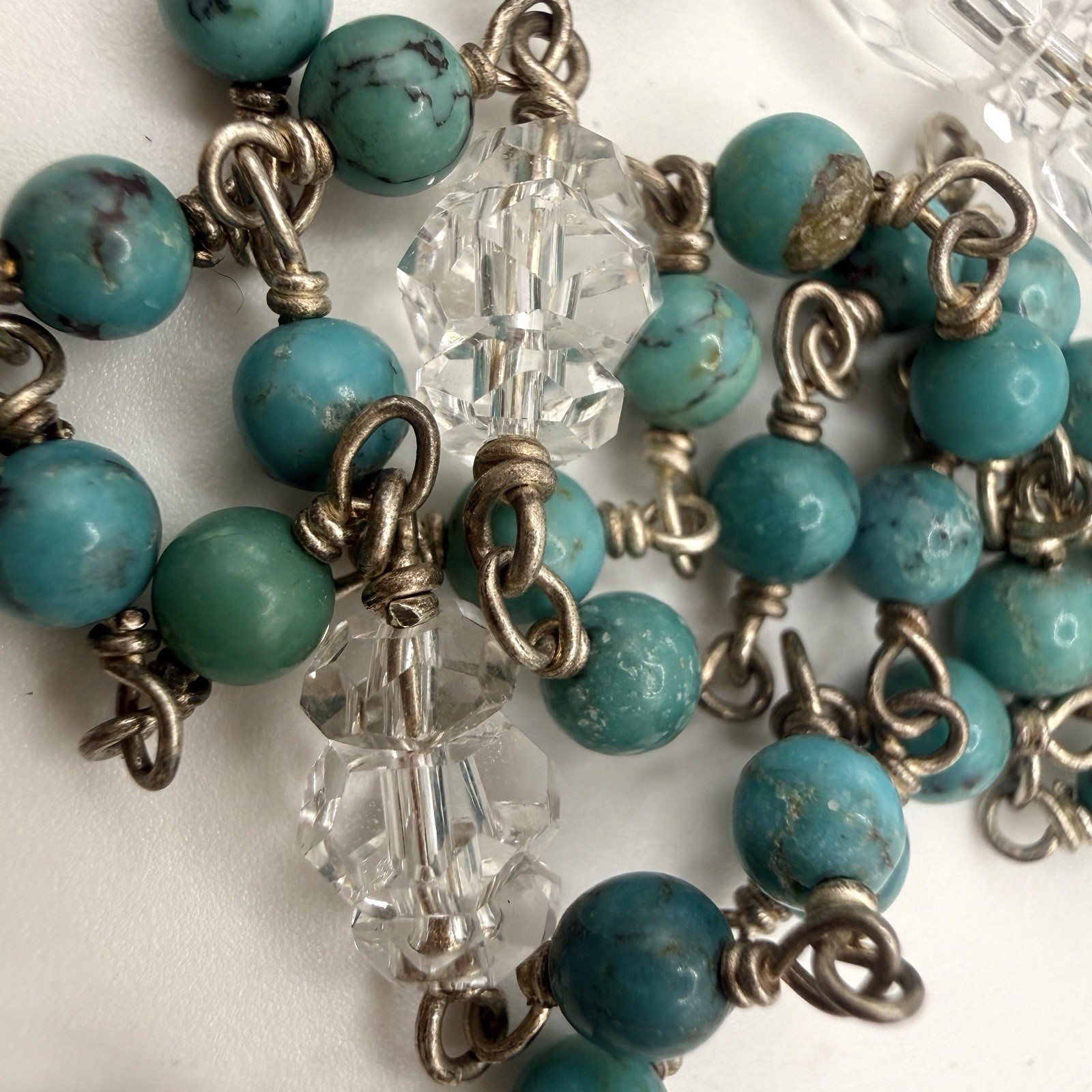 Vintage Sterling Turquoise Quartz Crystal Long Necklace 44” Artisan
