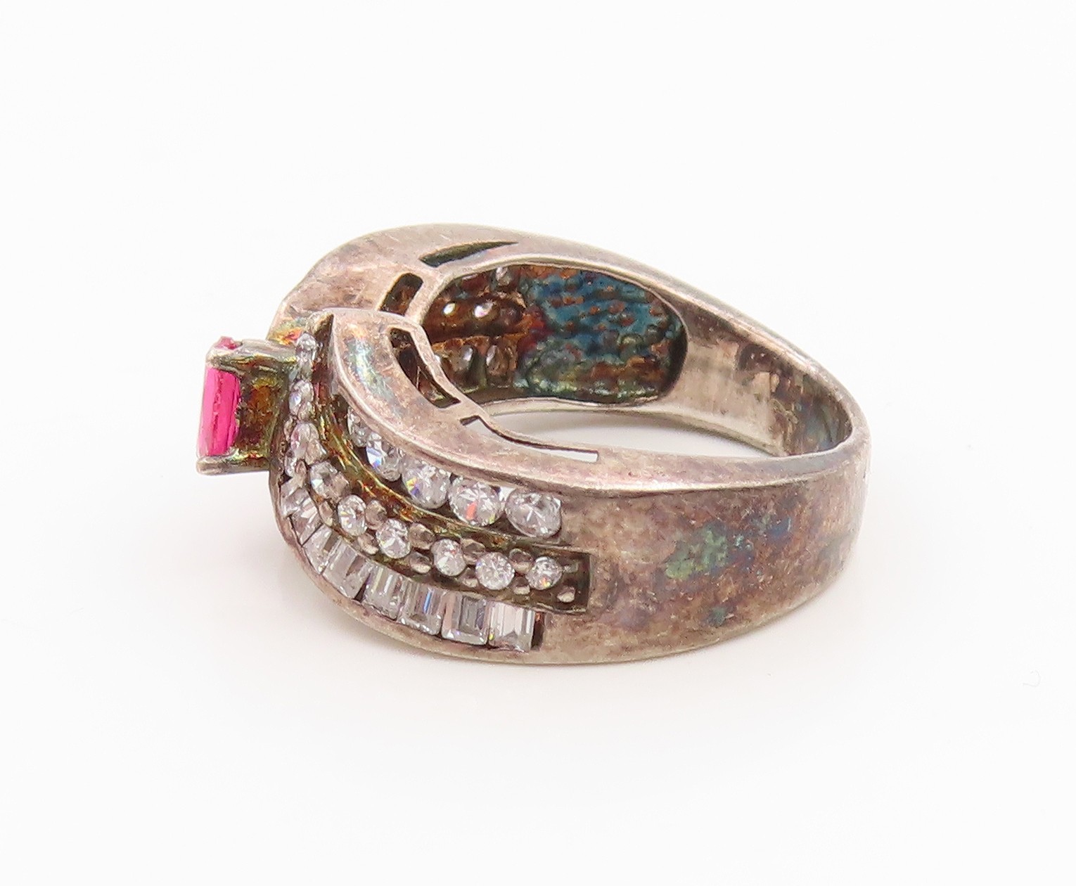 925 Sterling Silver Vintage Ring Oval Ruby & Sapphire Bypass Band Sz 6 RG35861