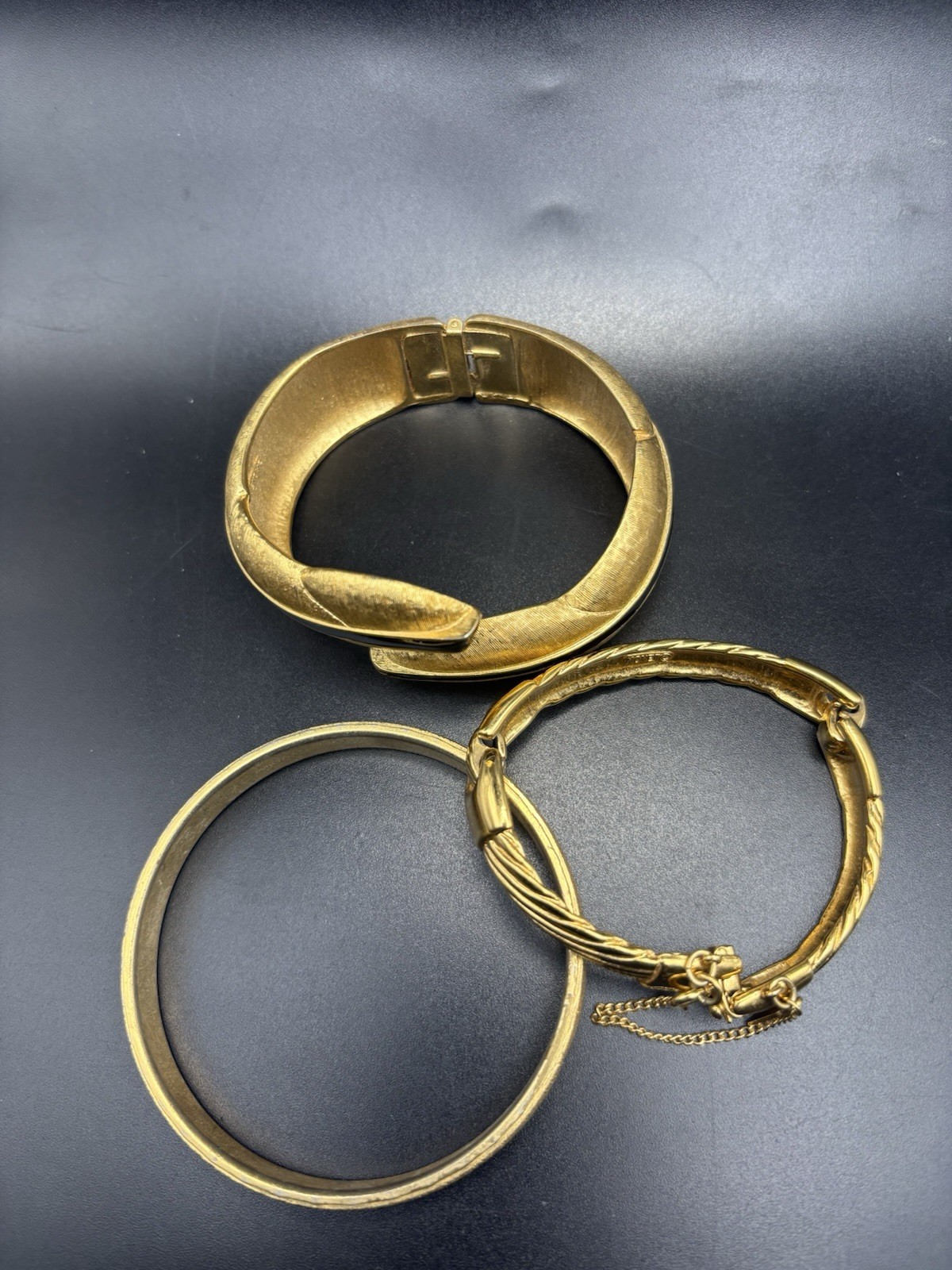 Vintage Monet Gold Tone Bracelet Bangle Lot Of 3 Clamper Bar Link Safety Chain