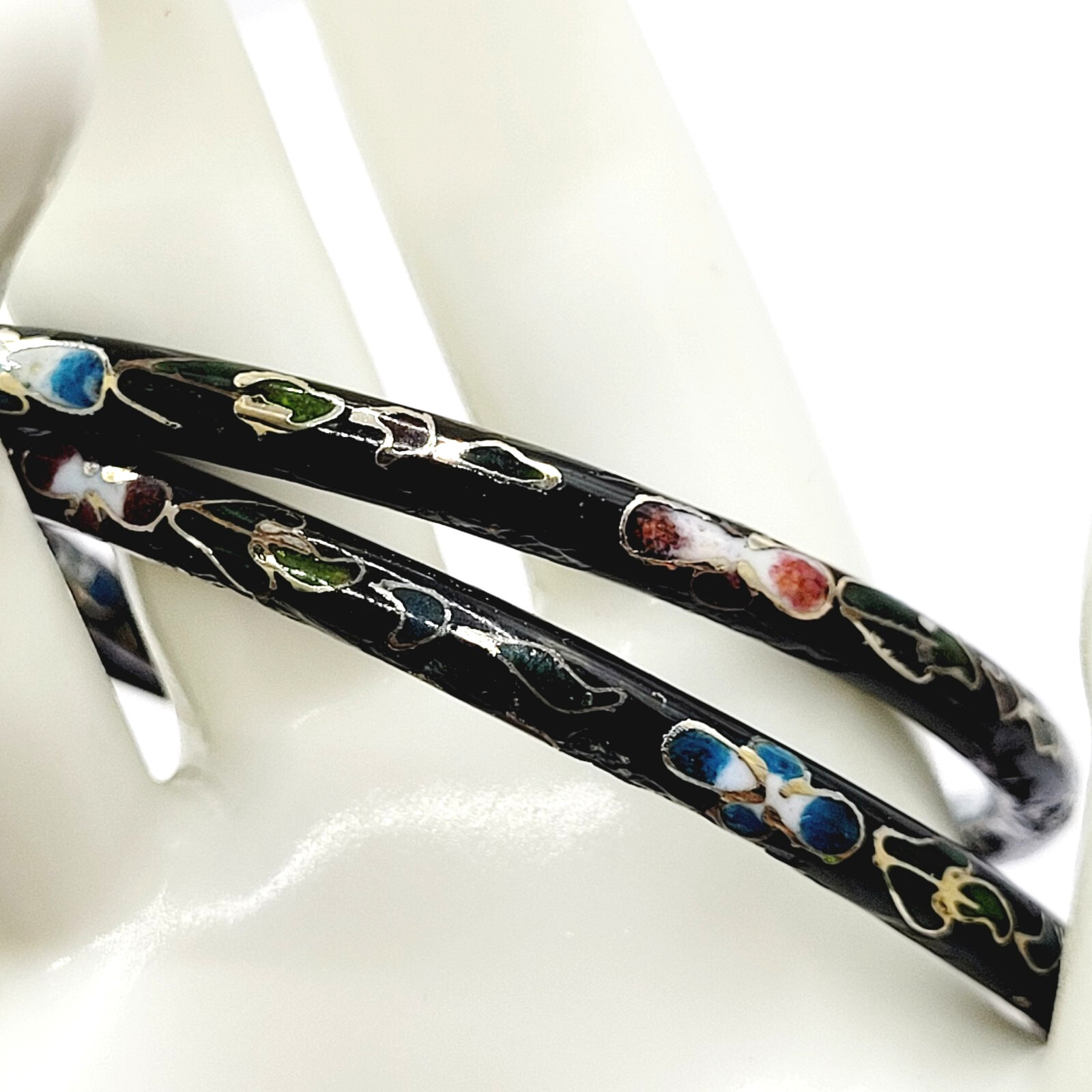 2 Cloisonné Asian Inspired Black Dark Shiny Floral Hand Painted Bangle Bracelet