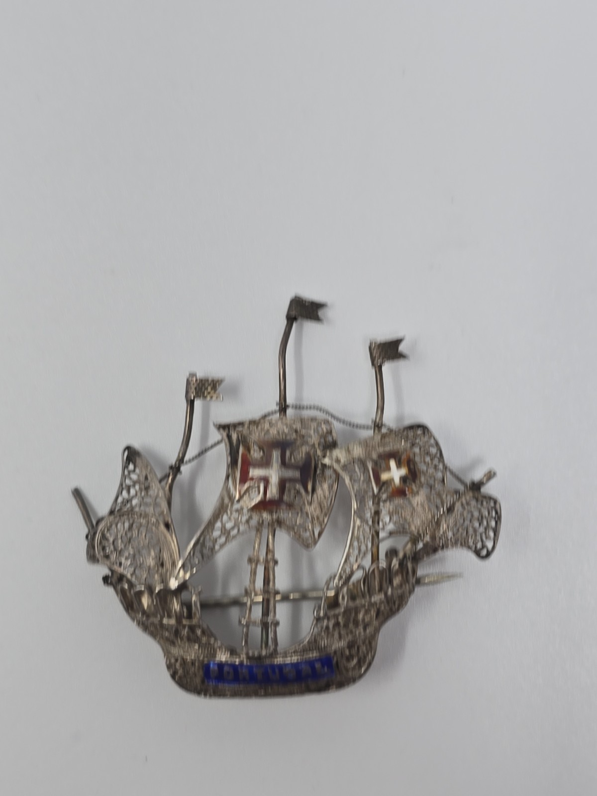 Old Portugal Silver Tone Sail Ship W/ Filigree Brooch Pin
