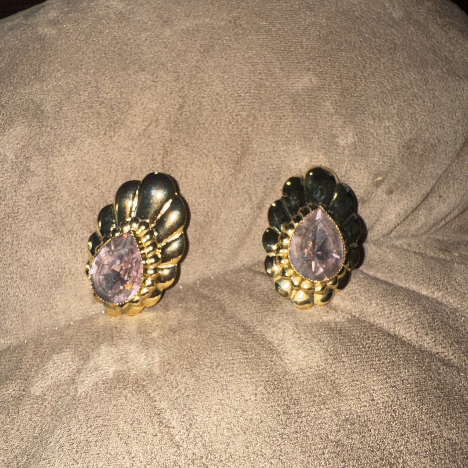 Vintage Brooch And Clip Earring. Purple and blue Stone gold tone Quality B