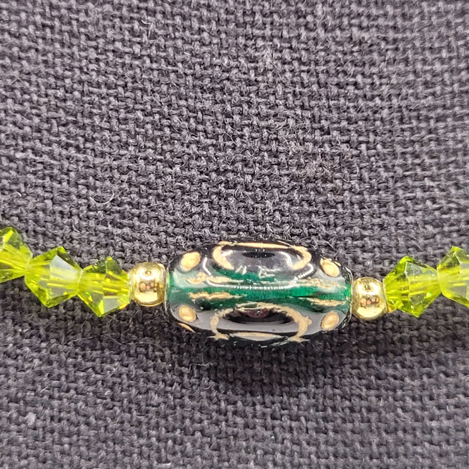 Green Art Glass Crystal Vintage Necklace Light & Dark Green Shades Gilded Beads