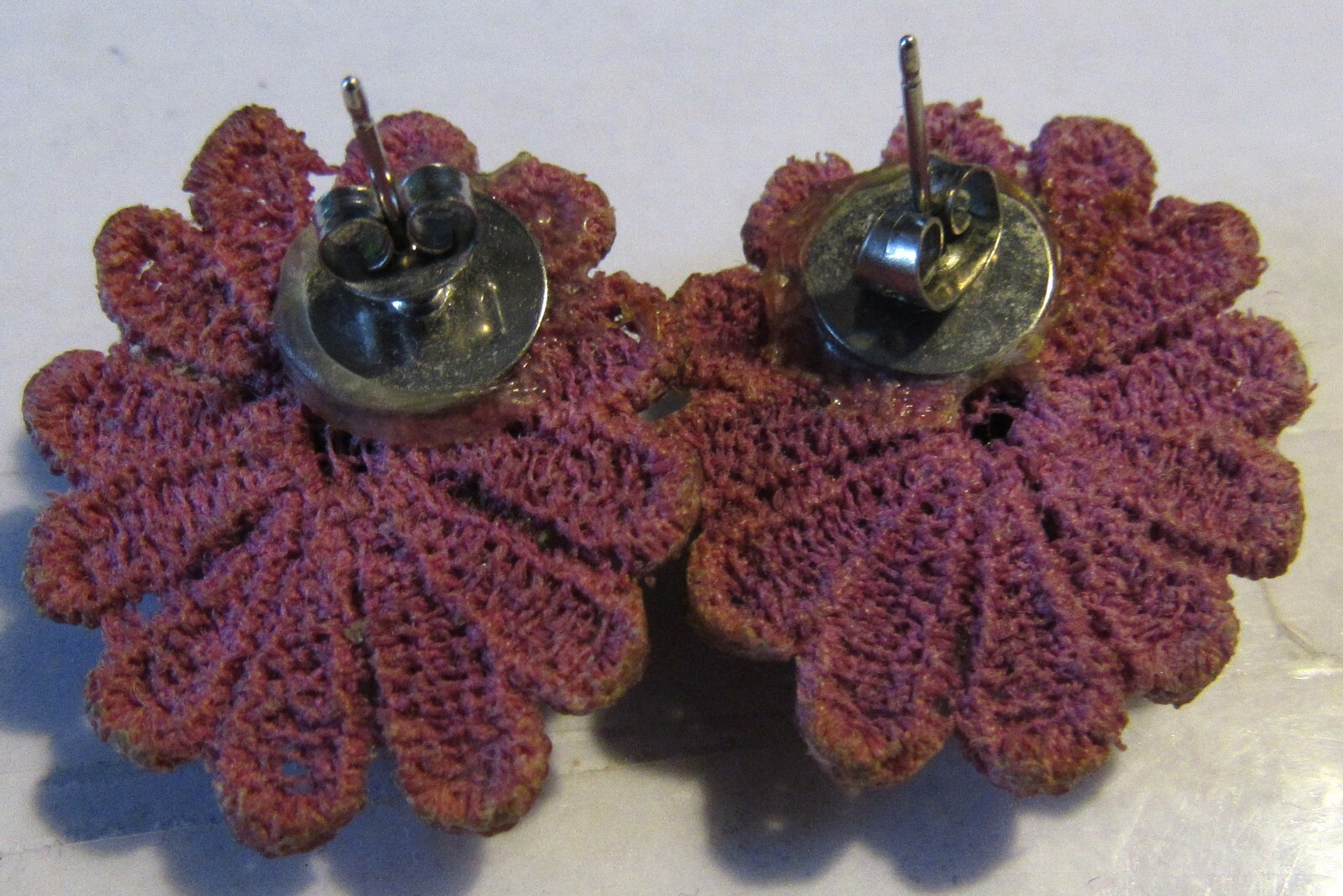 Vintage Crocheted Violet Mauve Tiny Faux Pearls Pale Blue Satin Roses Earrings