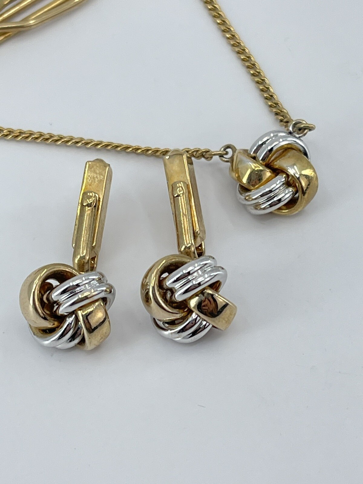Swank cufflinks and tie clip set gold and silver tone knot bullet back