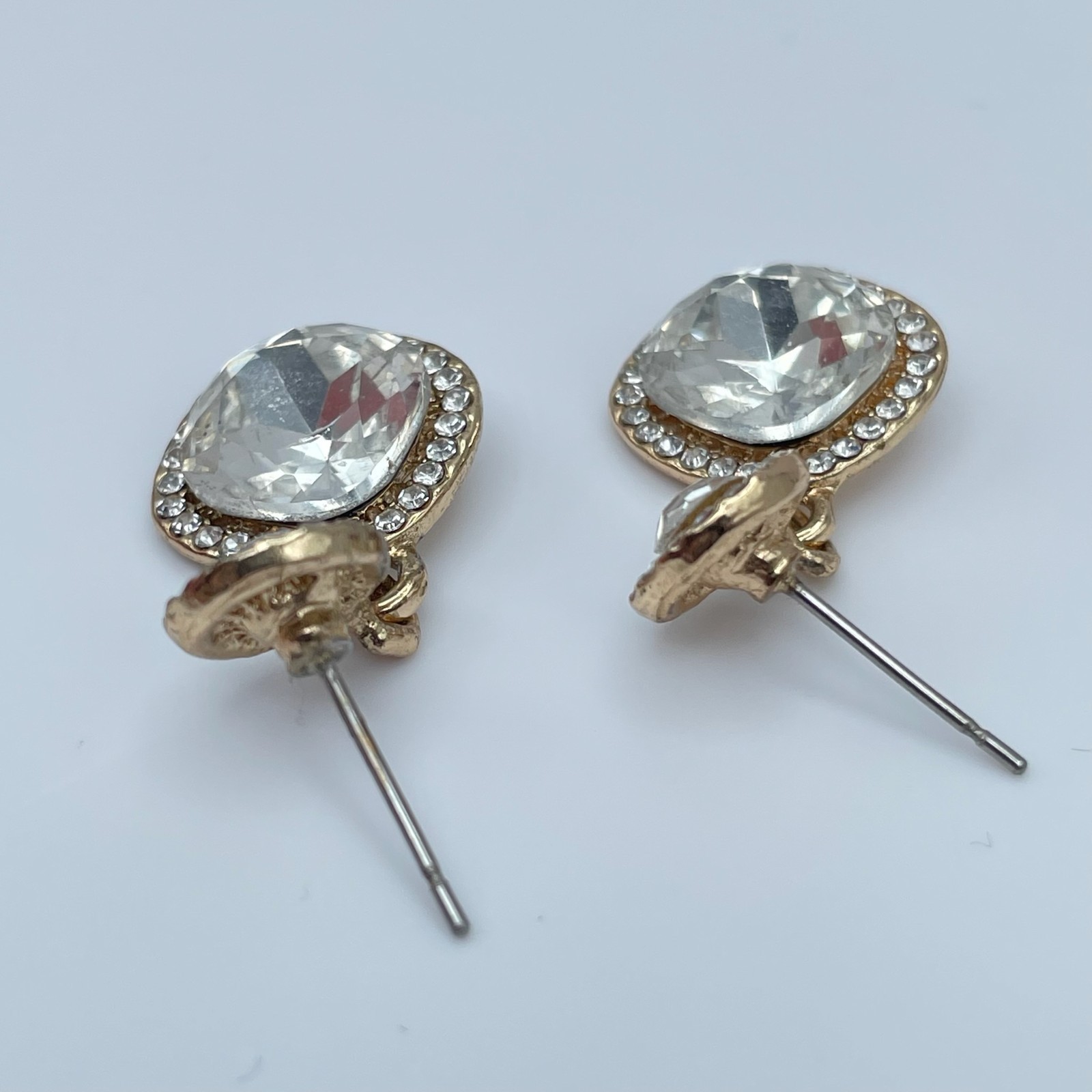 Vintage 90s Gold Tone Cushion Cut Halo Post Dangle Earrings Women’s Jewelry