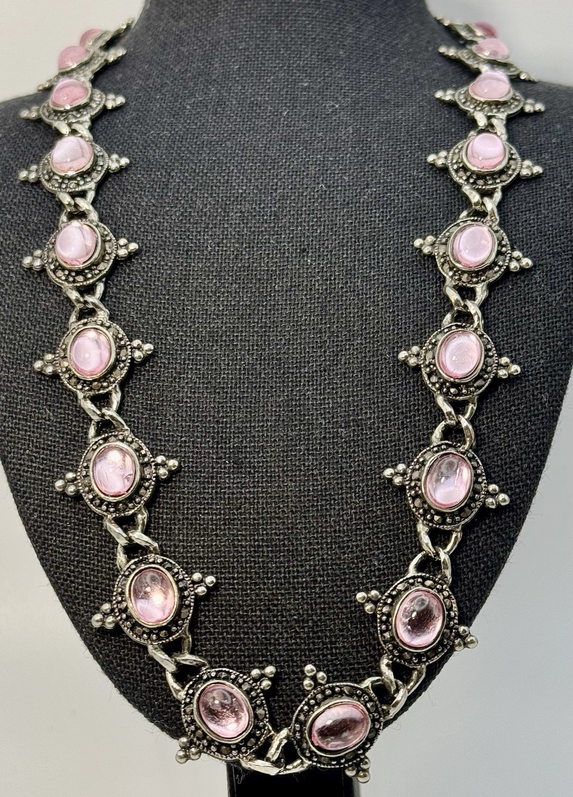 Vintage Silver Beaded & Marcasite Collar Necklace, Bezel Set With Pink Cabochons