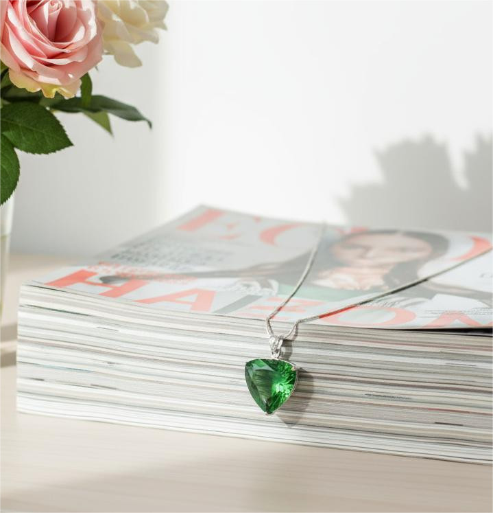 Handmade Green Emerald Trillion Pendant with Silver Chain