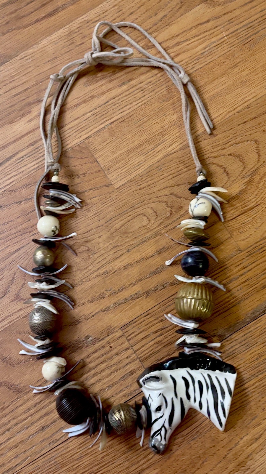 Boho Tribal Zebra Necklace Safari Statement Beaded Suede Cord Adjustable Chunky