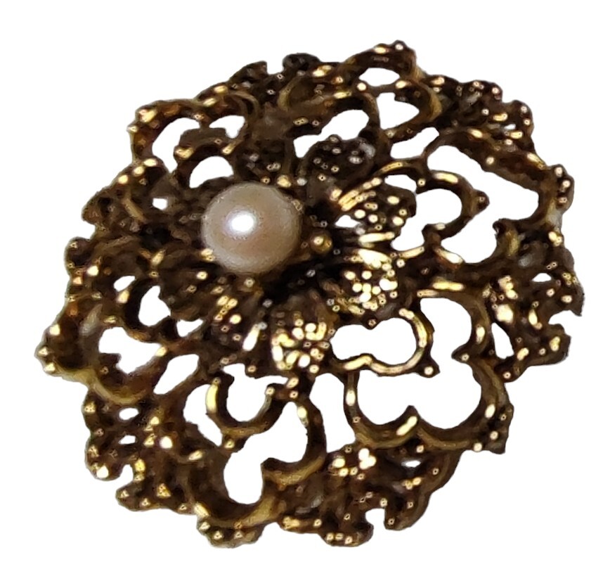 Tacoa Brooch Pin Faux Pearl Floral Filigree Gold Tone Raised Relief Vintage