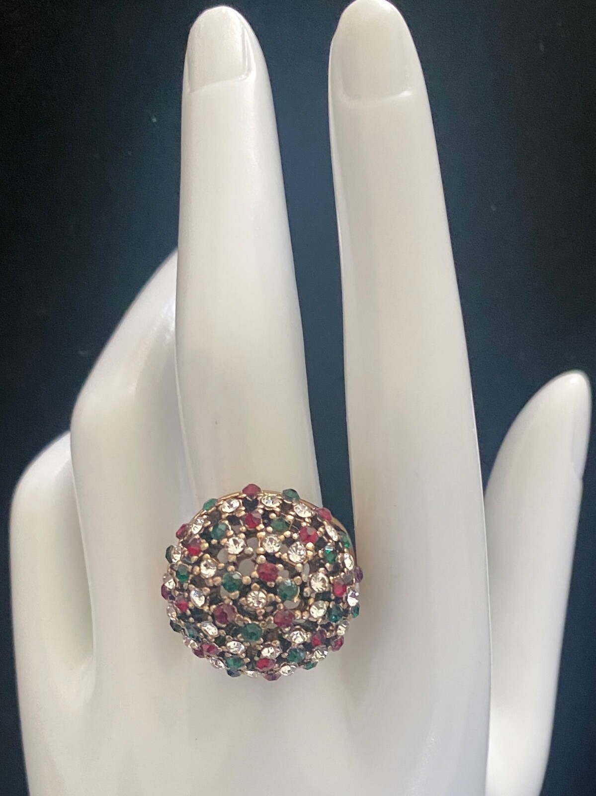 Ring Gold Tone Red Green Rhinestone Large statement Cocktail MCM Sz 9