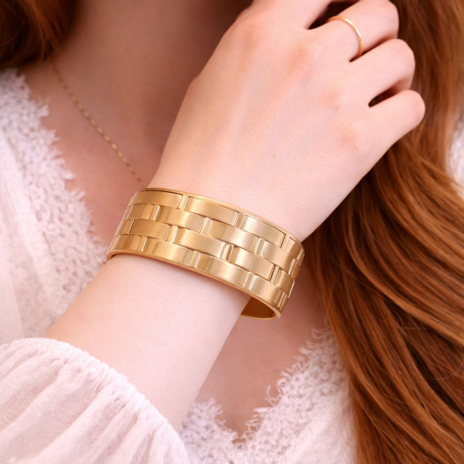 Vintage Hinged Satin Finish Gold Tone Woven Design Bangle Bracelet