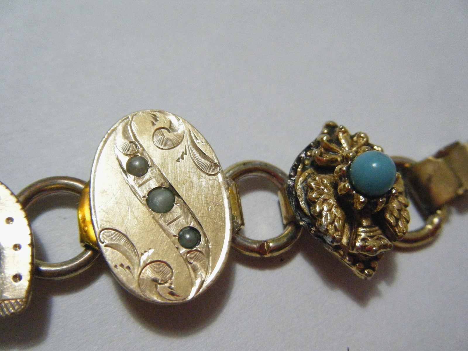 7 3/4″ Long Real Antique Buttons Bracelet Gold Fill Bloodstone Jade Seed Pearls